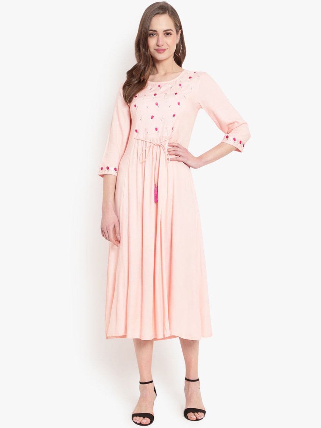 

Ashlee Women Pink & Silver-Toned Ethnic Motifs Embroidered A-line Kurta