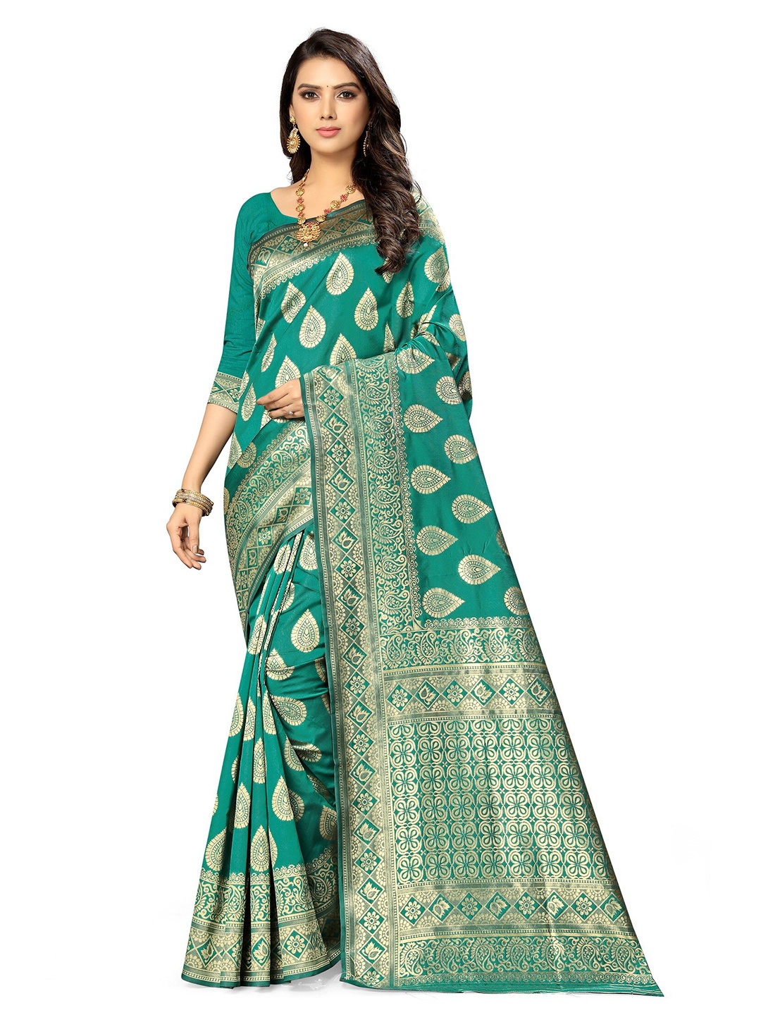 

KALINI Green & Gold-Toned Woven Design Zari Silk Cotton Banarasi Saree