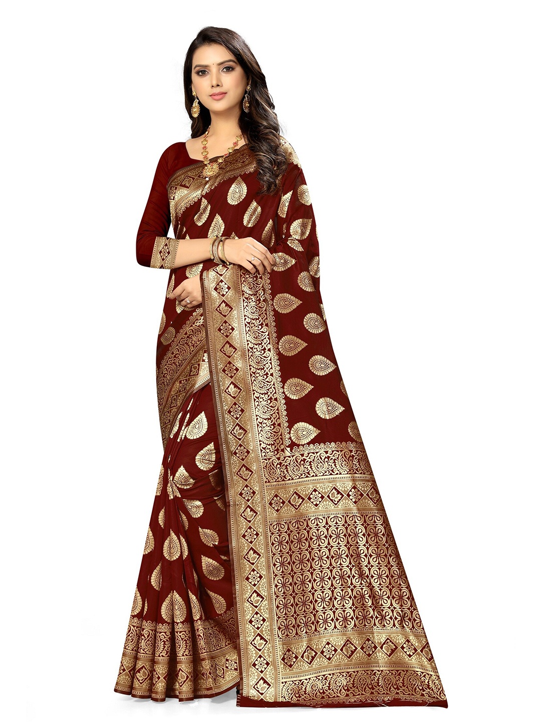 

KALINI Maroon & Gold-Toned Ethnic Motifs Zari Silk Cotton Banarasi Saree