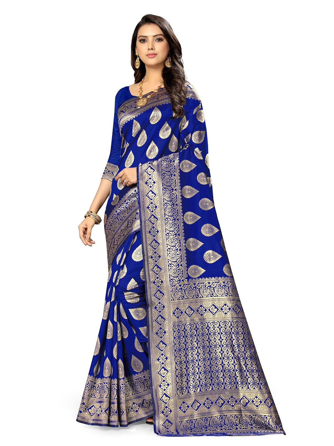 

KALINI Blue & Gold-Toned Ethnic Motifs Zari Silk Cotton Banarasi Saree