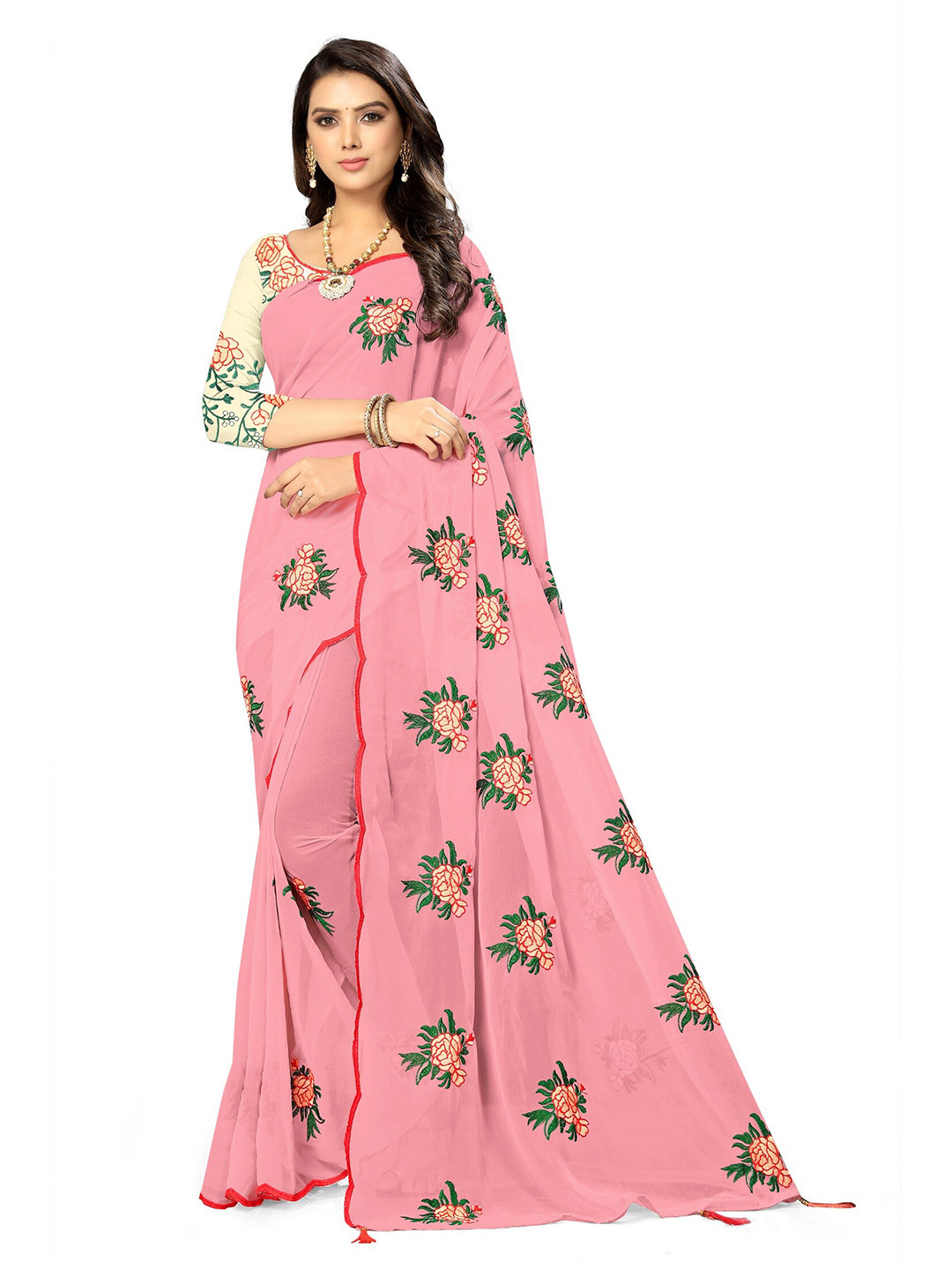 

KALINI Pink & Green Floral Embroidered Chanderi Saree