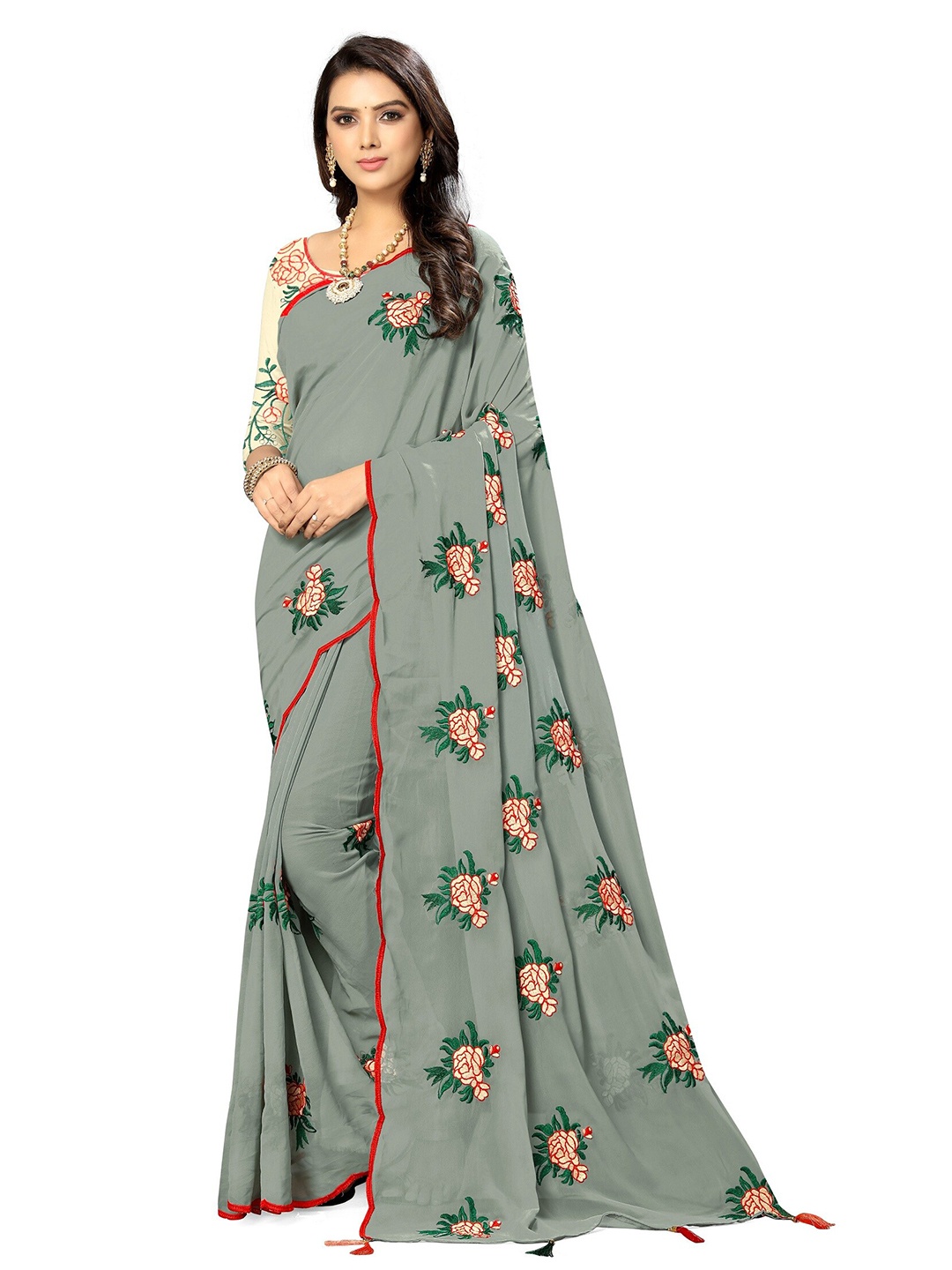 

KALINI Grey & Red Floral Embroidered Chanderi Saree