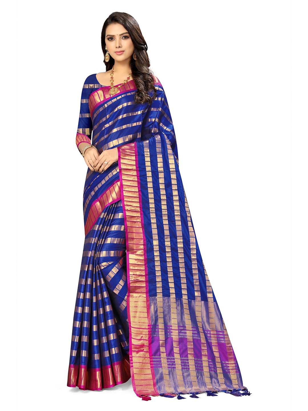 

KALINI Blue & Pink Striped Jute Silk Zari Saree