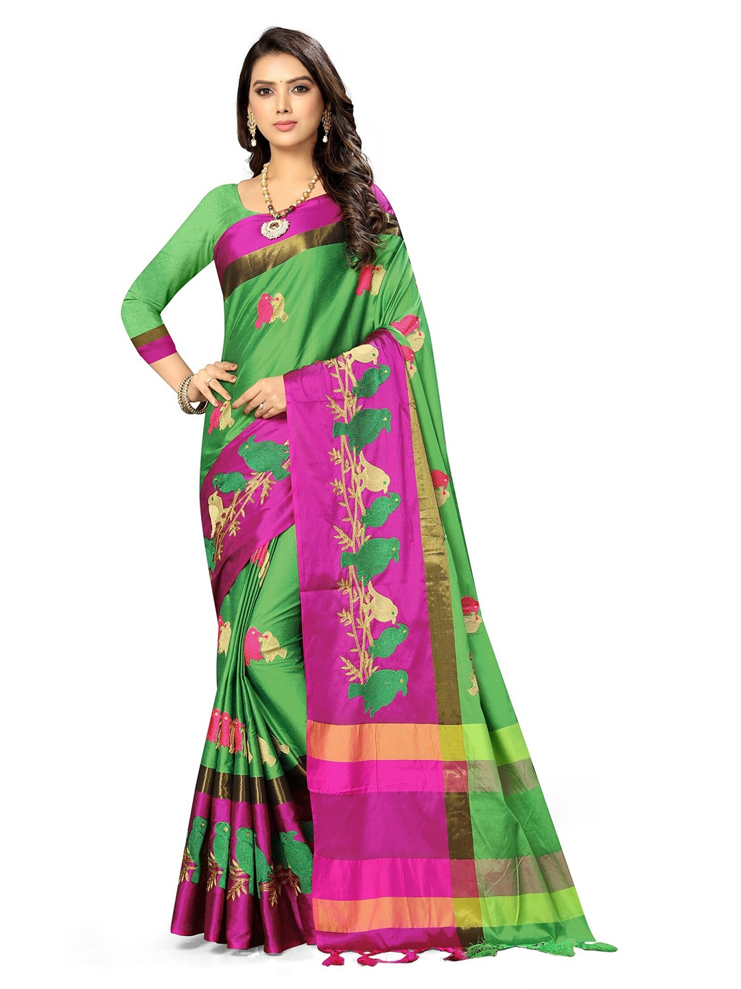 

KALINI Green & Magenta Ethnic Motifs Embroidered Silk Cotton Chanderi Saree