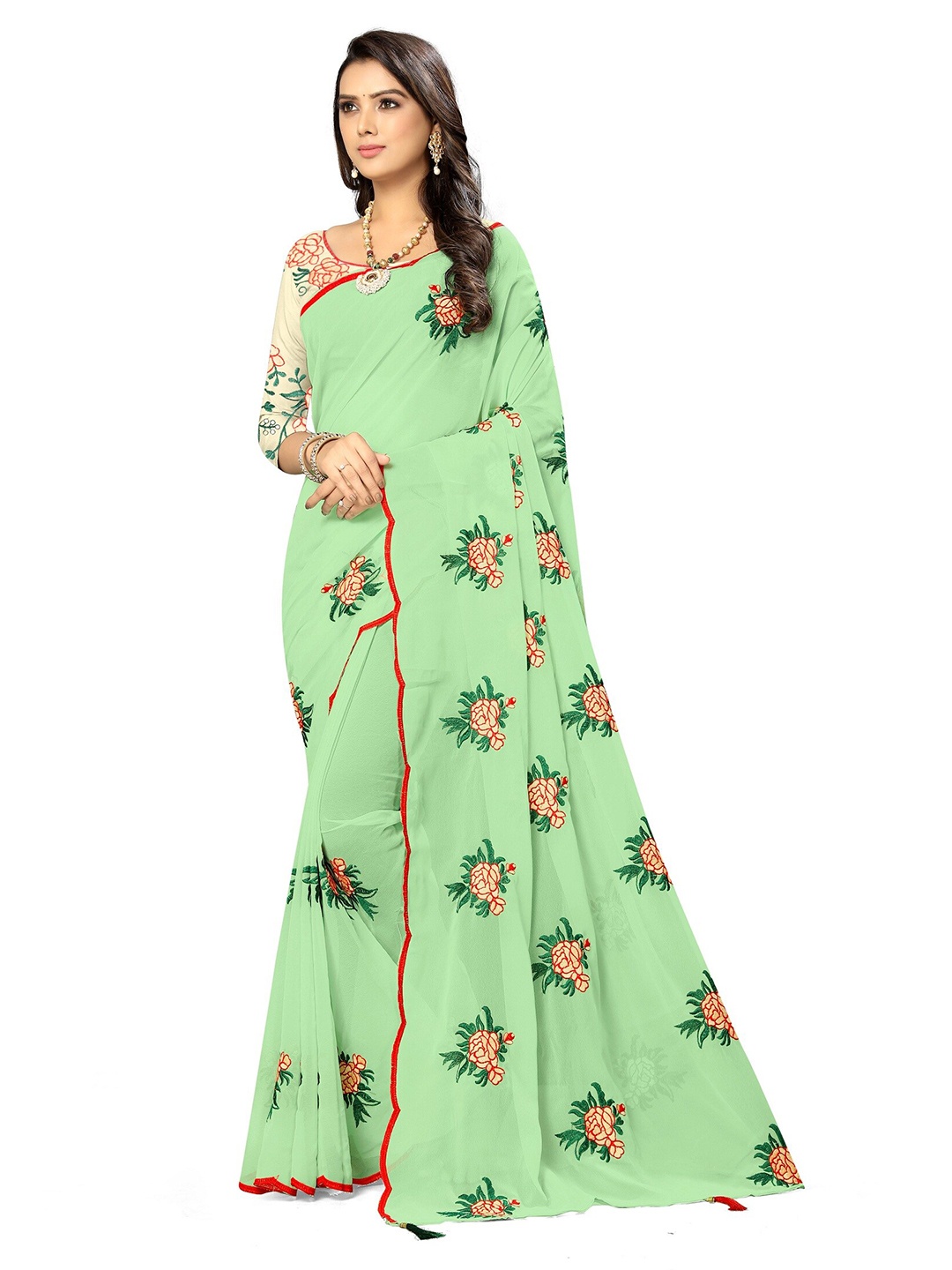 

KALINI Green & Red Floral Embroidered Chanderi Saree