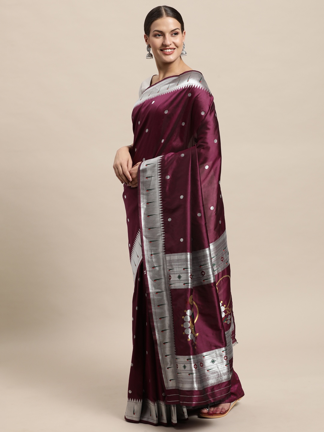 

PERFECTBLUE Burgundy & Silver-Toned Ethnic Motifs Pure Silk Saree