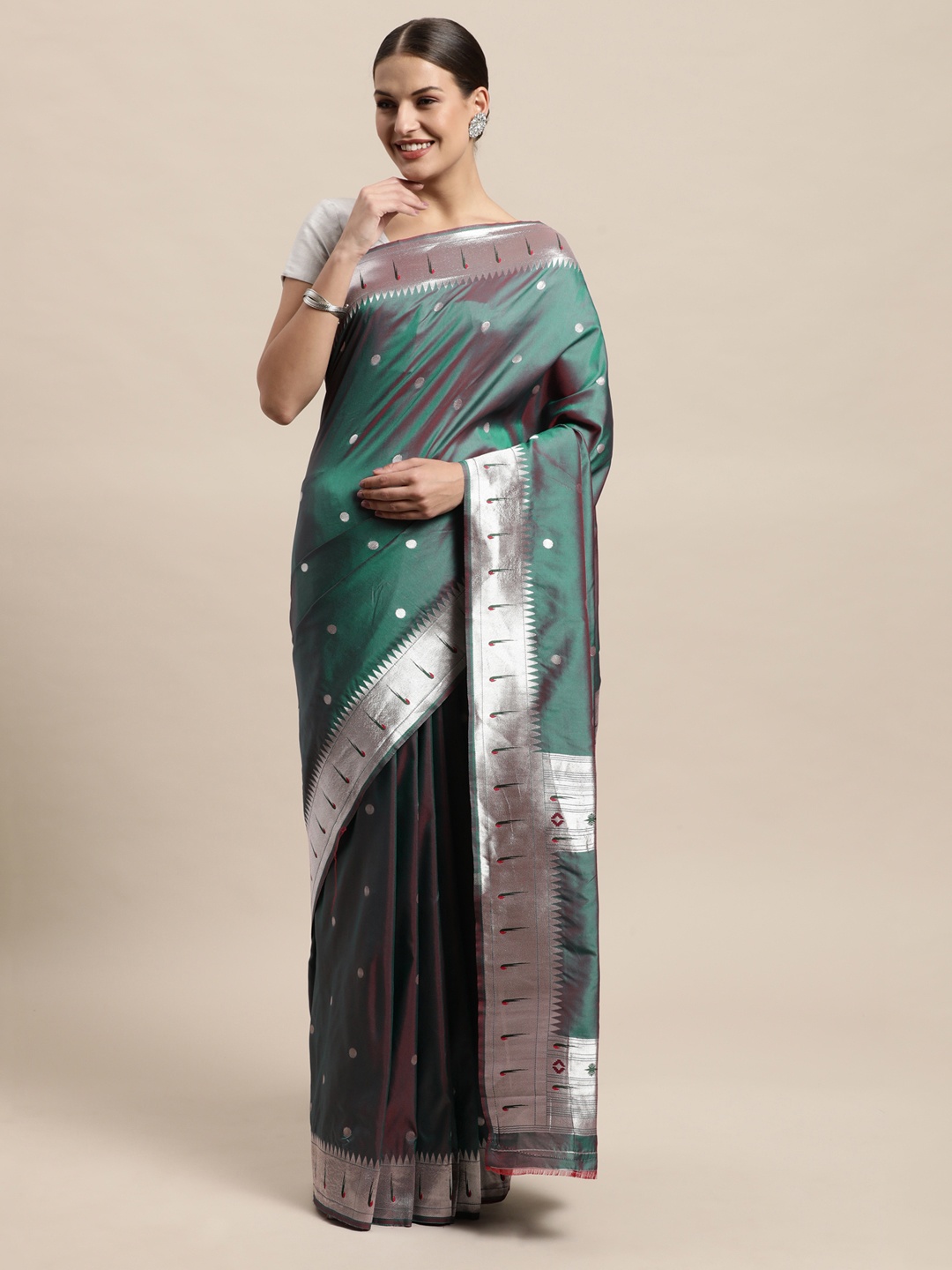 

PERFECTBLUE Charcoal & Silver-Toned Ethnic Motifs Pure Silk Saree