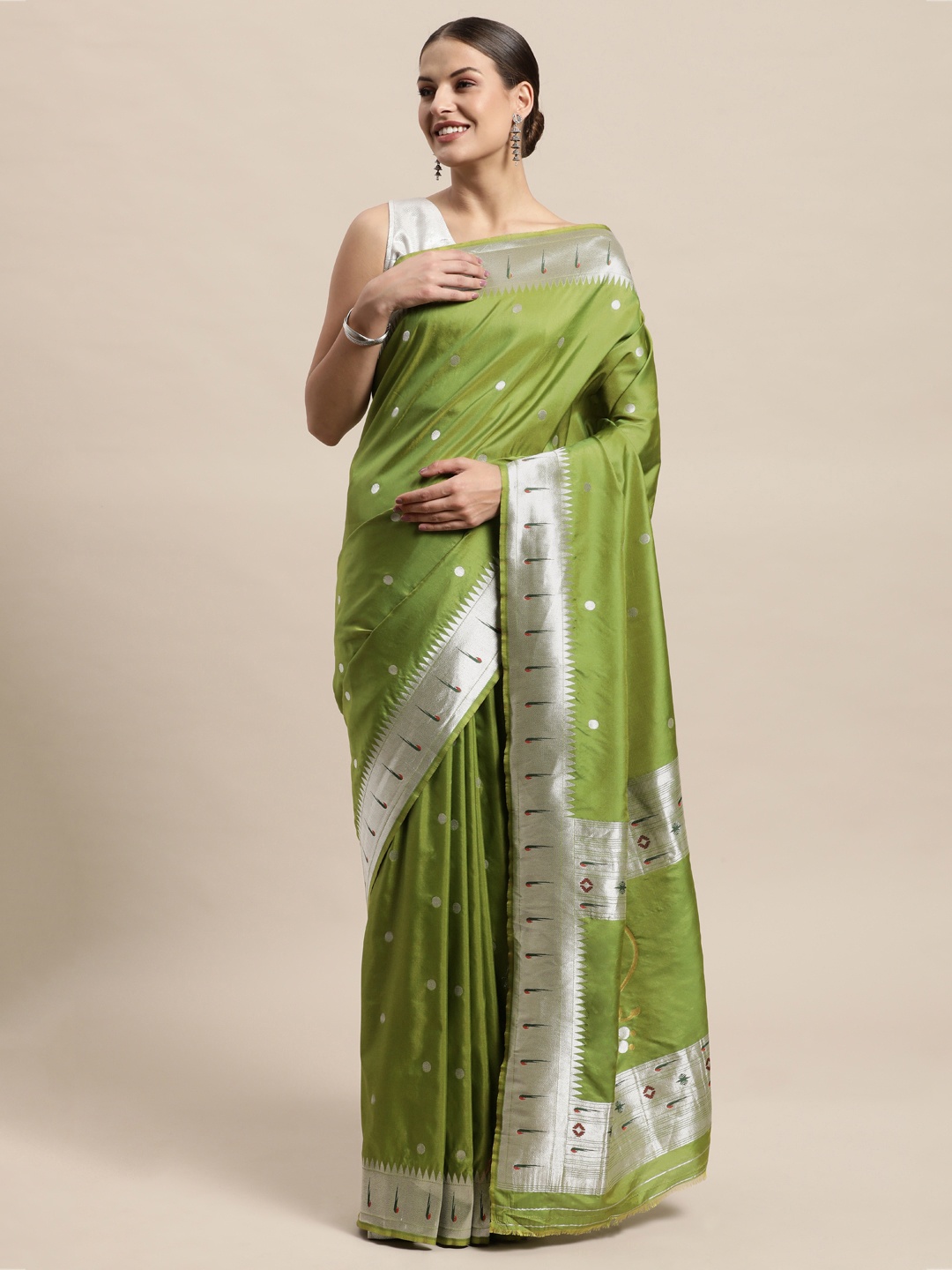 

PERFECTBLUE Lime Green & Grey Ethnic Motifs Woven Design Pure Silk Saree