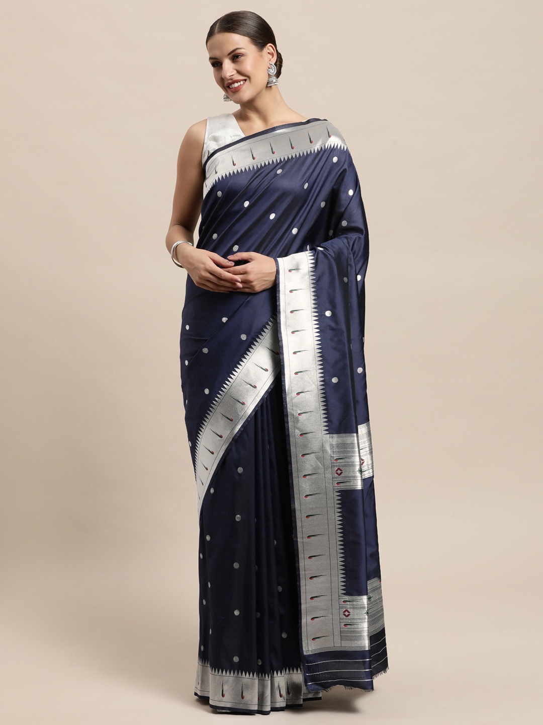 

PERFECTBLUE Navy Blue & Silver-Toned Pure Silk Saree