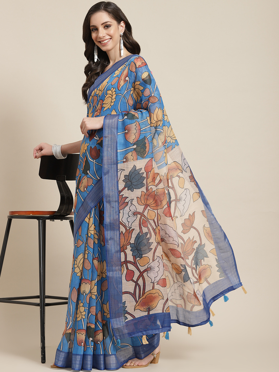 

SERONA FABRICS Blue & Beige Ethnic Motifs Linen Blend Saree