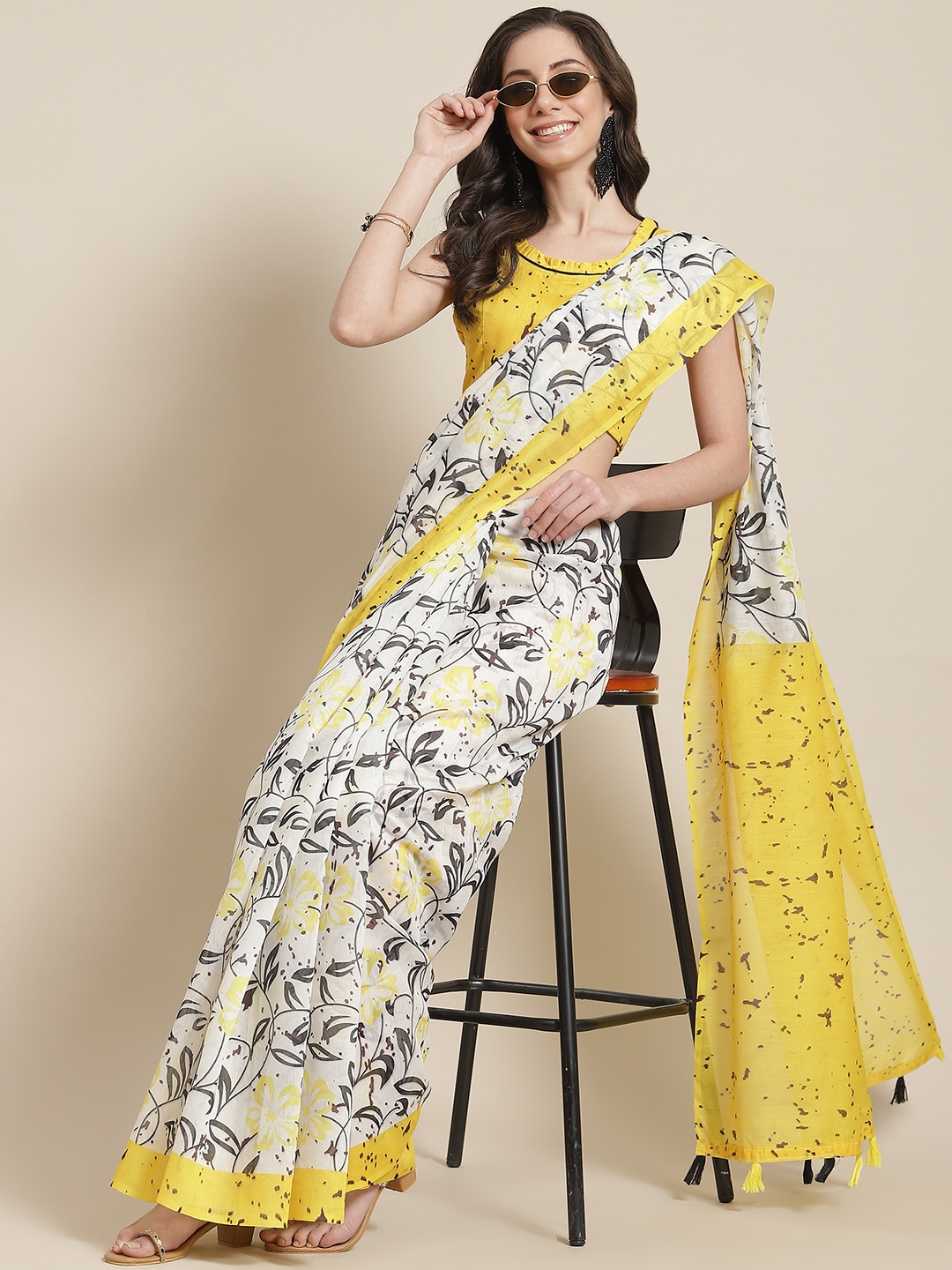 

SERONA FABRICS White & Yellow Ethnic Motifs Linen Blend Saree