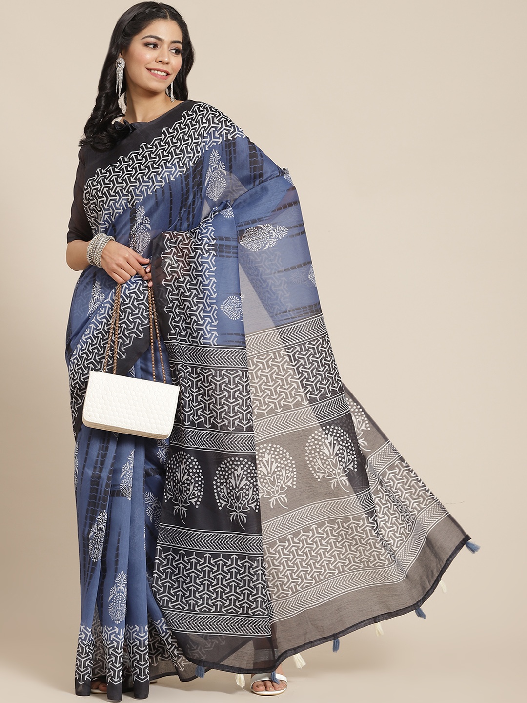 

SERONA FABRICS Blue Ethnic Motifs Linen Blend Saree