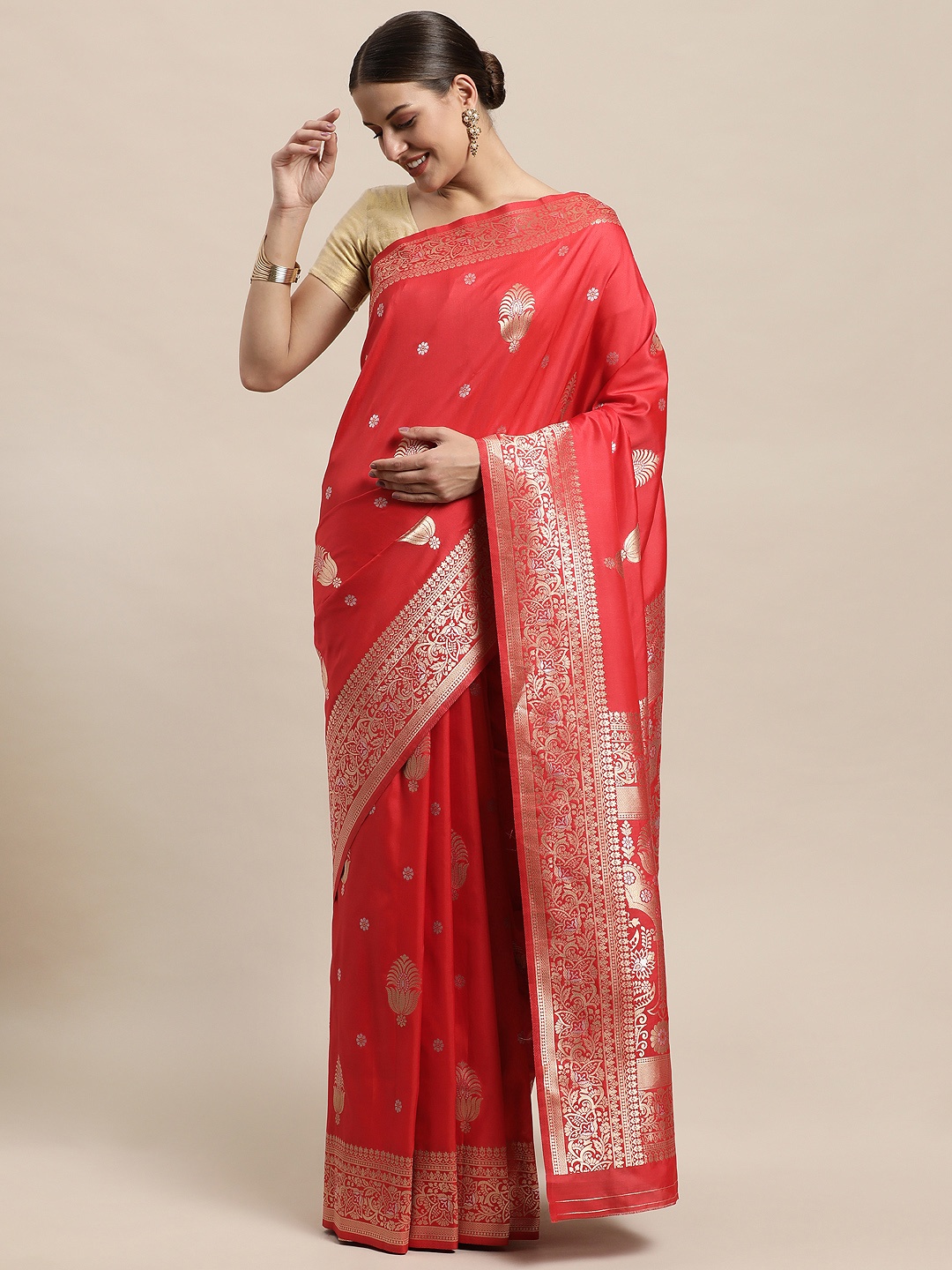 

PERFECTBLUE Red & Grey Ethnic Motifs Woven Design Silk Cotton Saree