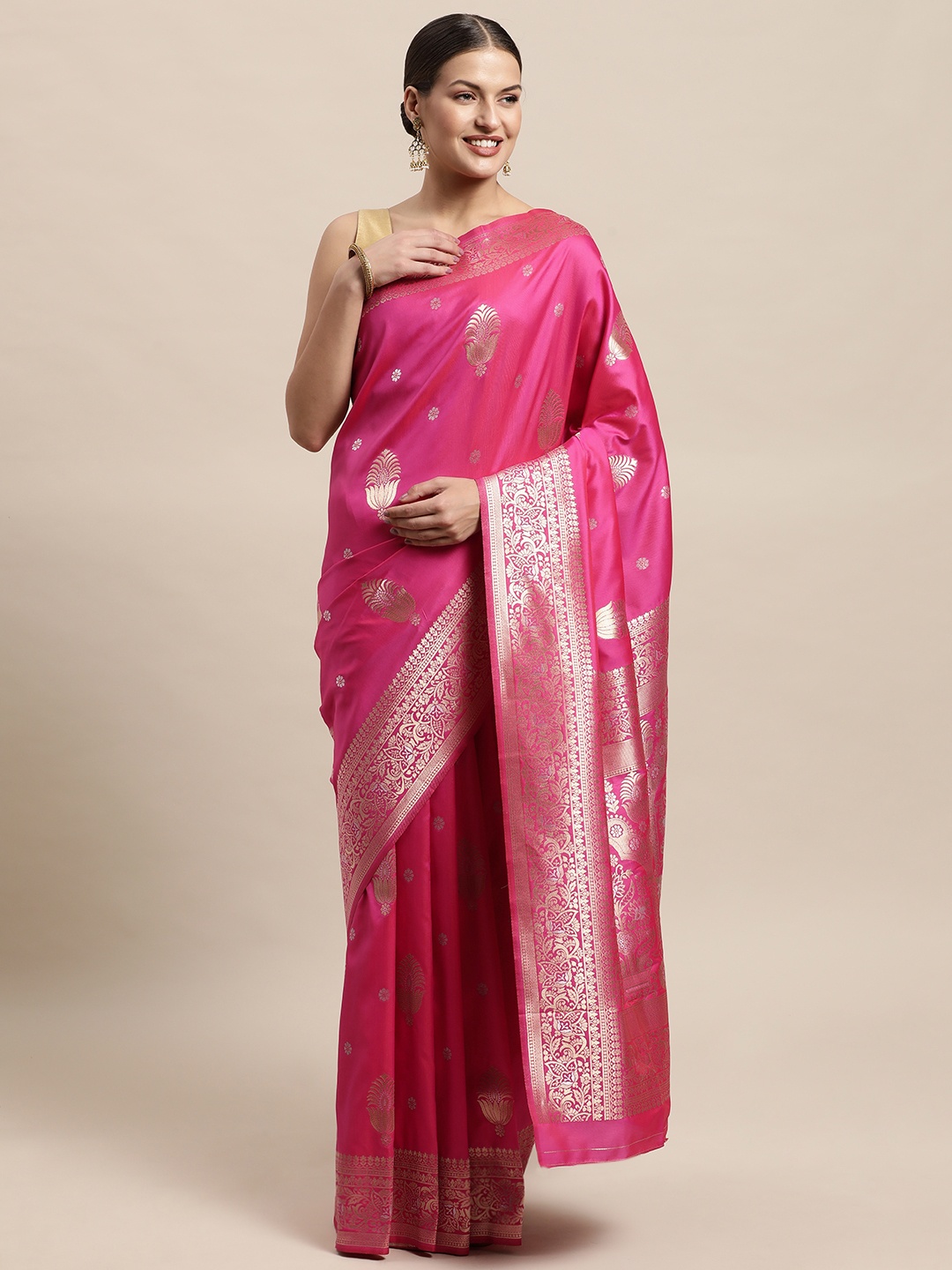 

PERFECTBLUE Pink & Golden Ethnic Motifs Silk Cotton Saree