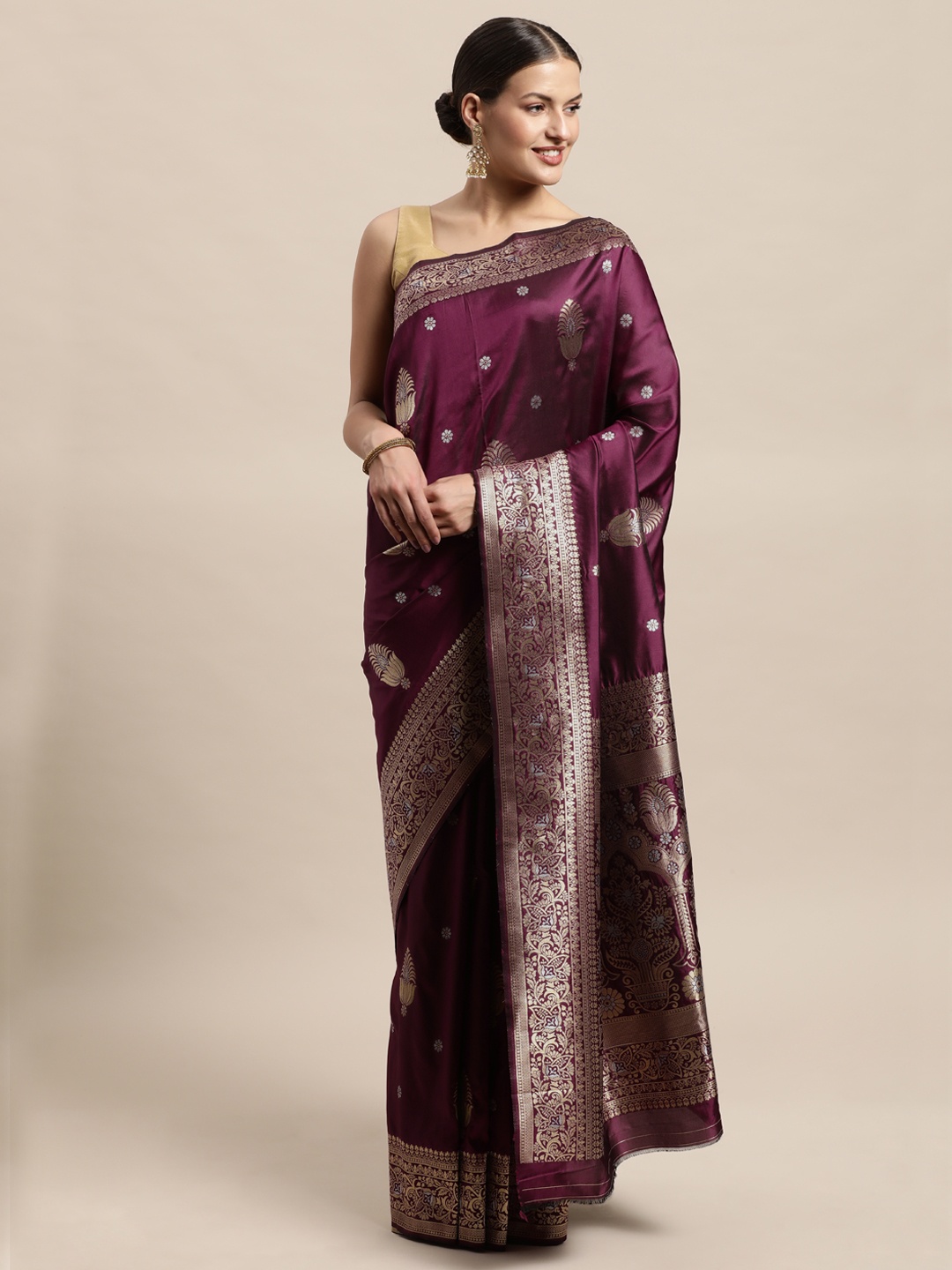 

PERFECTBLUE Burgundy & Golden Woven Design Silk Cotton Saree
