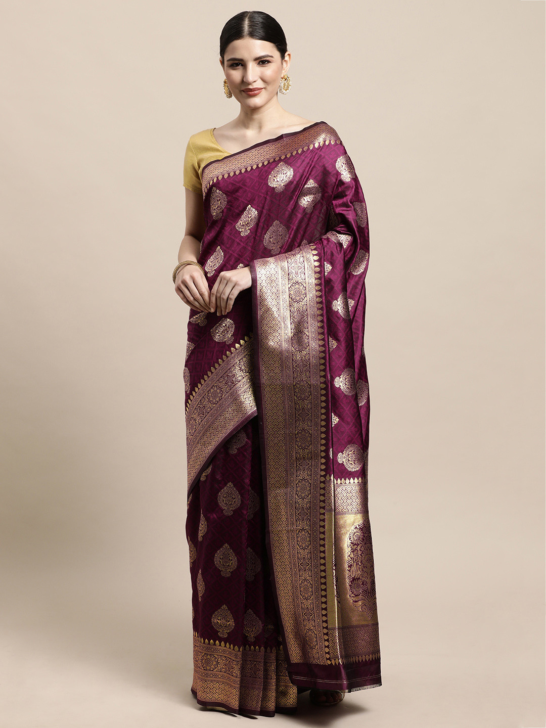 

PERFECTBLUE Burgundy & Golden Ethnic Motifs Pure Silk Kanjeevaram Saree