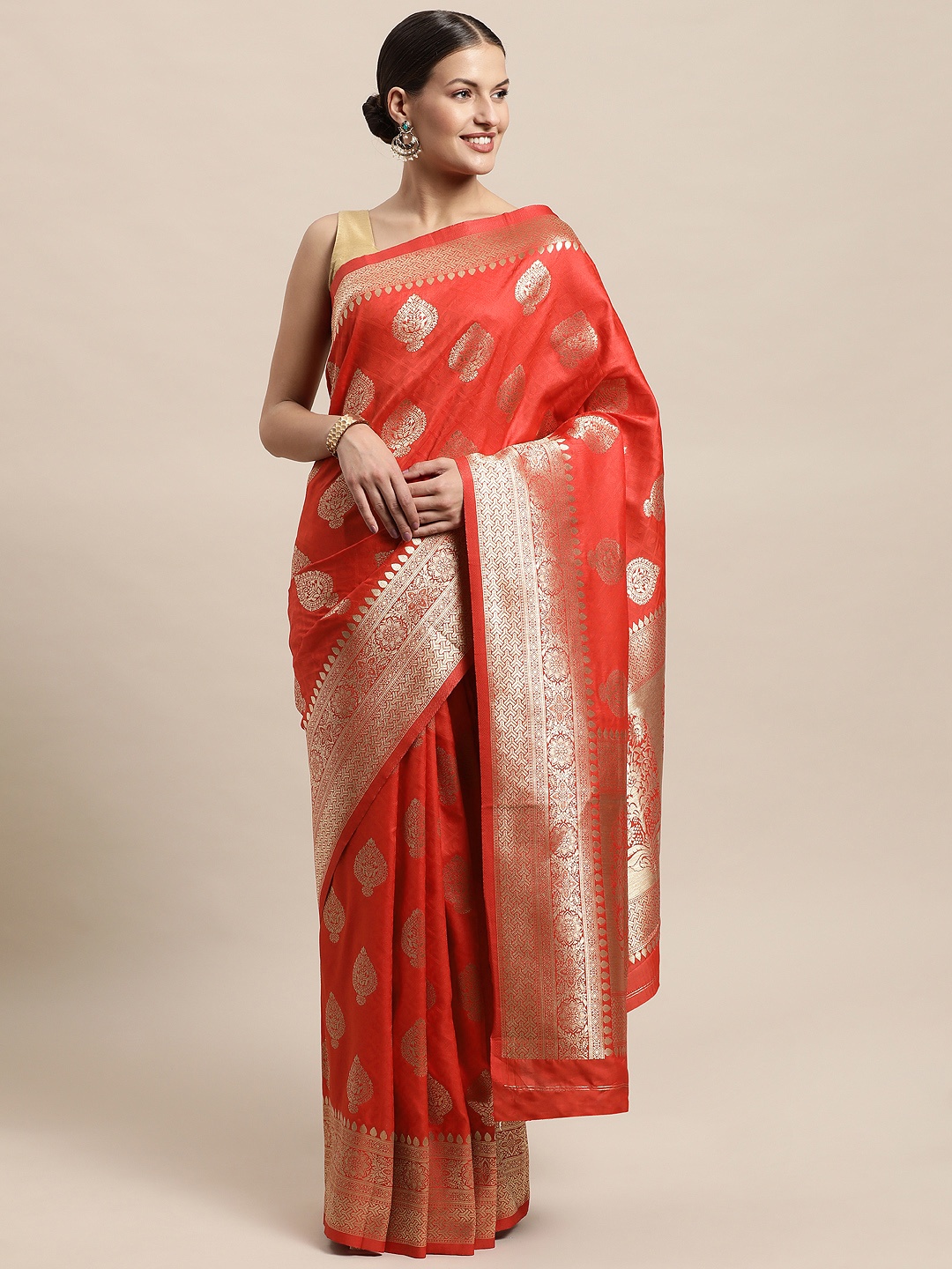 

PERFECTBLUE Red & Gold-Toned Ethnic Motifs Pure Silk Kanjeevaram Saree
