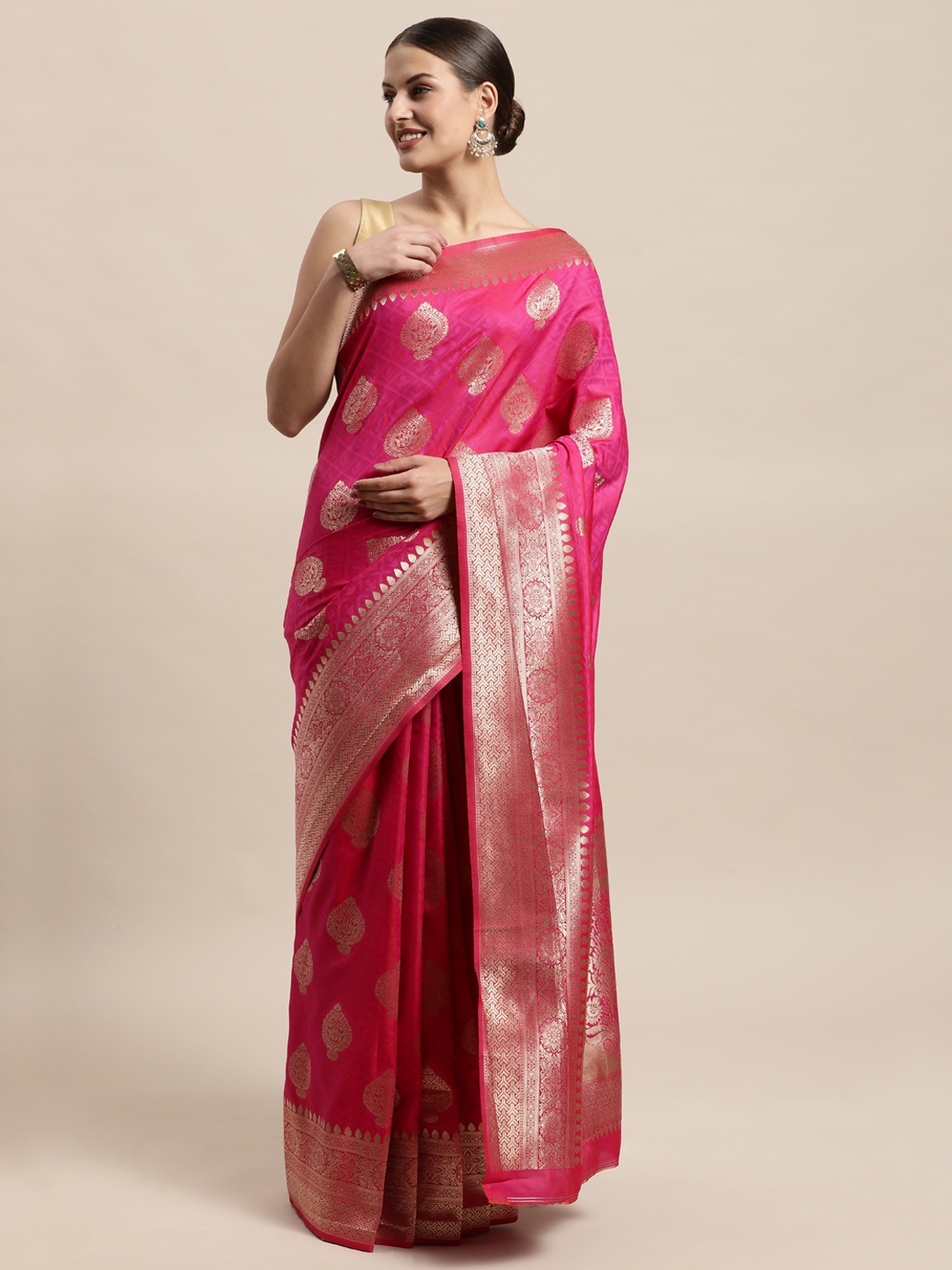 

PERFECTBLUE Pink & Gold-Toned Ethnic Motifs Pure Silk Kanjeevaram Saree