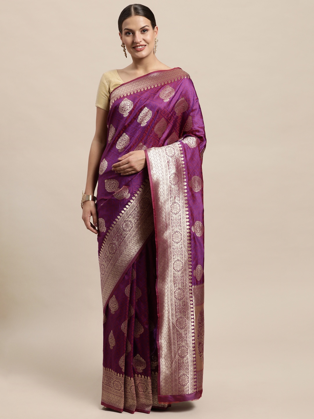 

PERFECTBLUE Purple & Gold-Toned Ethnic Motifs Woven Design Pure Silk Kanjeevaram Saree