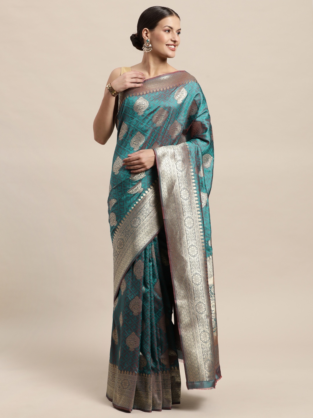 

PERFECTBLUE Teal & Gold-Toned Ethnic Motifs Pure Silk Kanjeevaram Saree