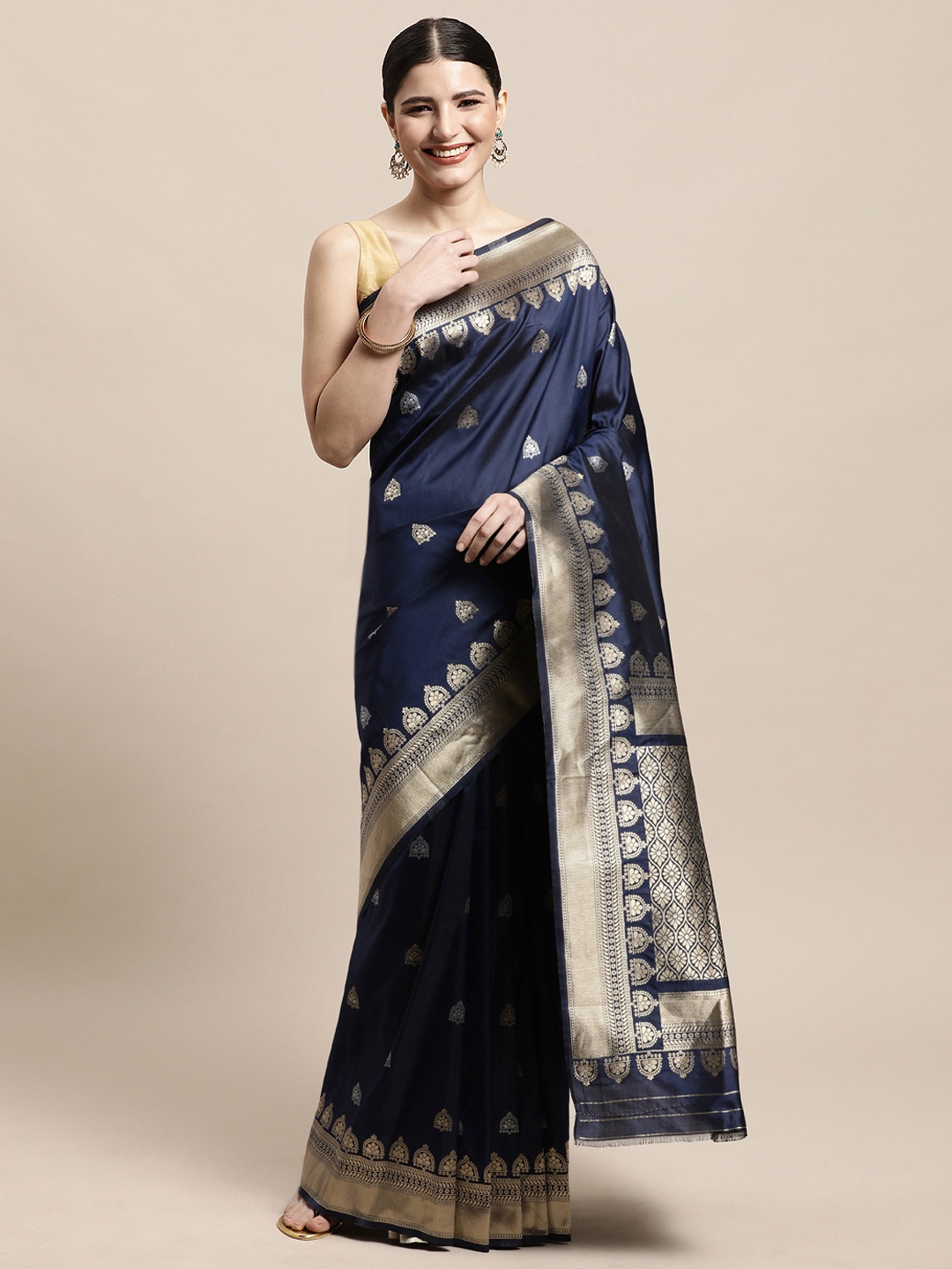 

PERFECTBLUE Navy Blue & Gold-Toned Ethnic Motifs Art Silk Mysore Silk Saree