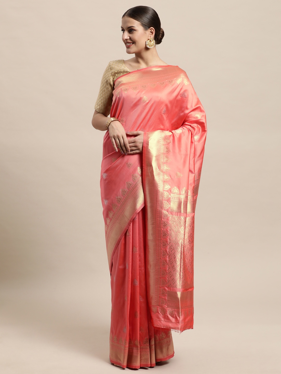 

PERFECTBLUE Peach-Coloured & Golden Ethnic Motifs Art Silk Mysore Silk Saree