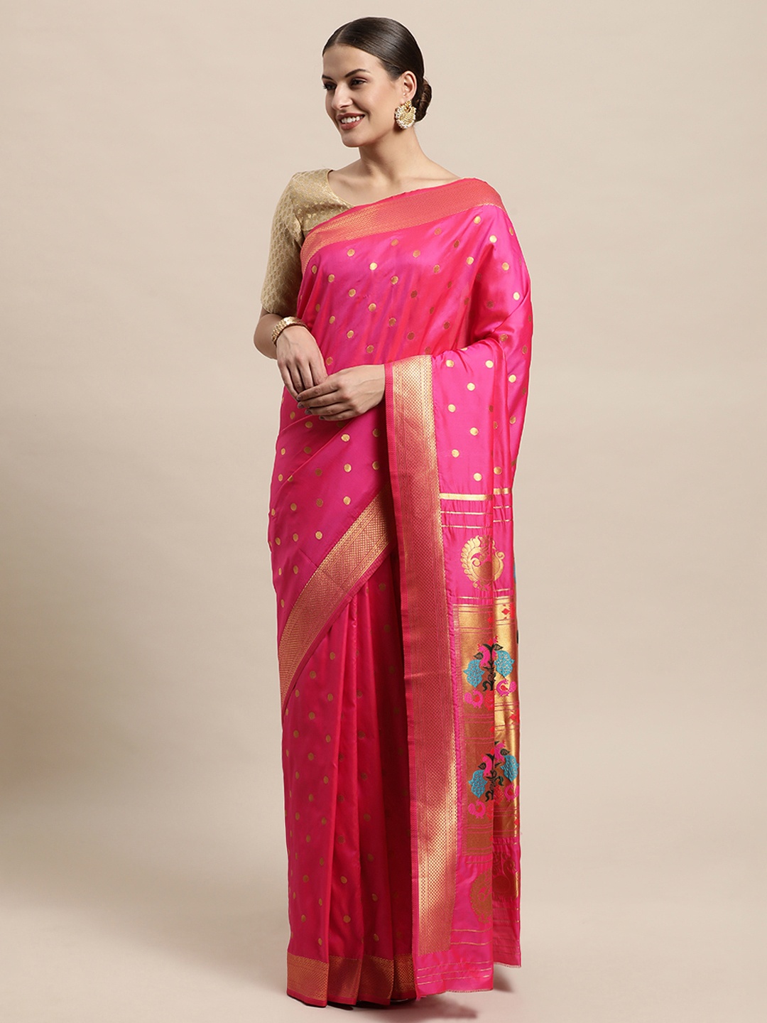 

PERFECTBLUE Pink & Golden Art Silk Banarasi Saree