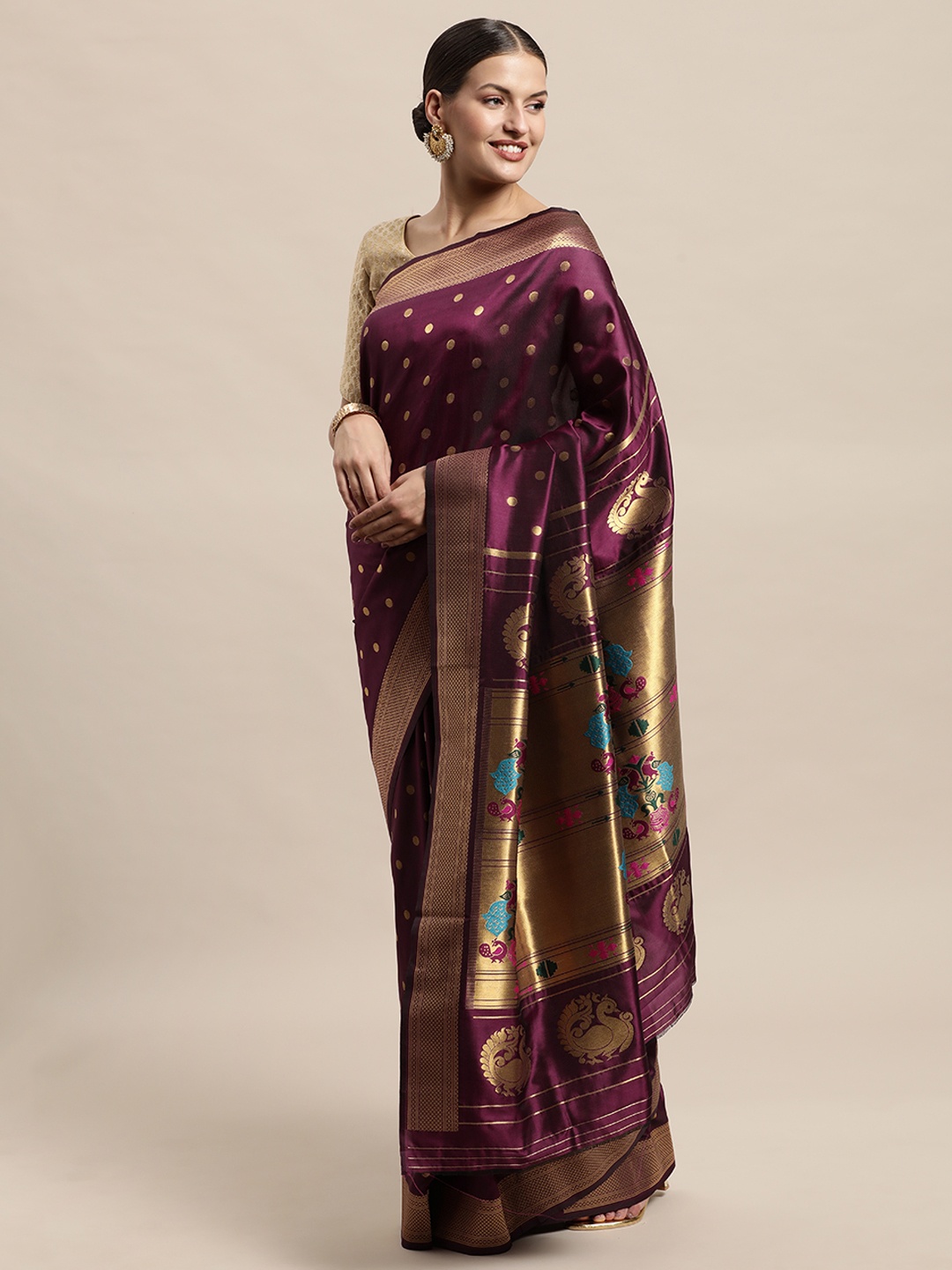 

PERFECTBLUE Burgundy & Golden Art Silk Banarasi Saree