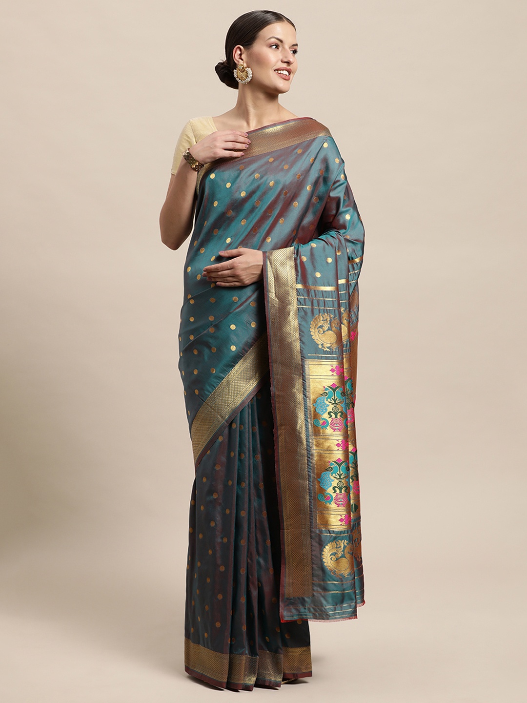 

PERFECTBLUE Grey & Gold-Toned Ethnic Motifs Woven Design Art Silk Banarasi Saree