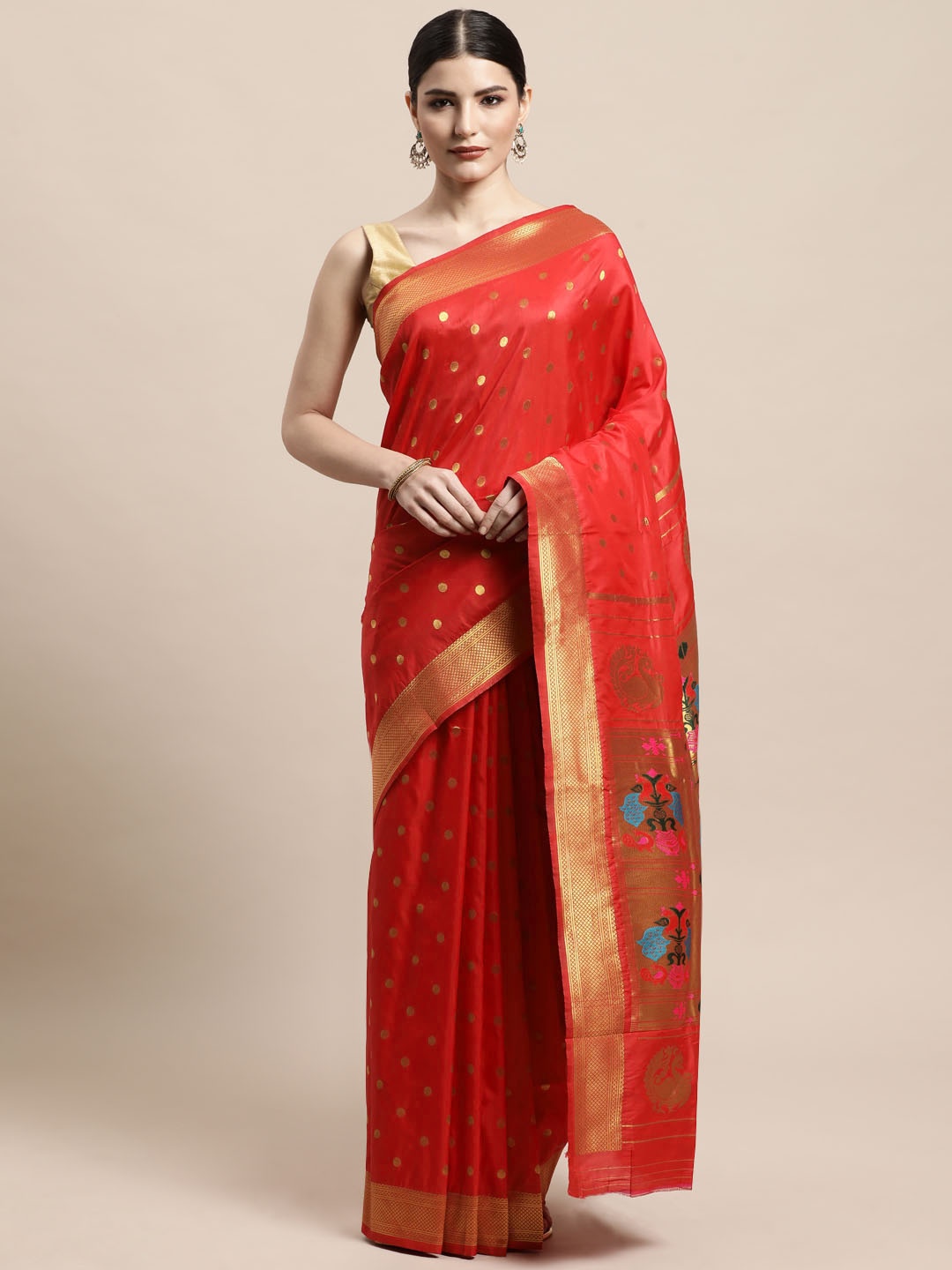 

PERFECTBLUE Red & Gold-Toned Art Silk Banarasi Saree