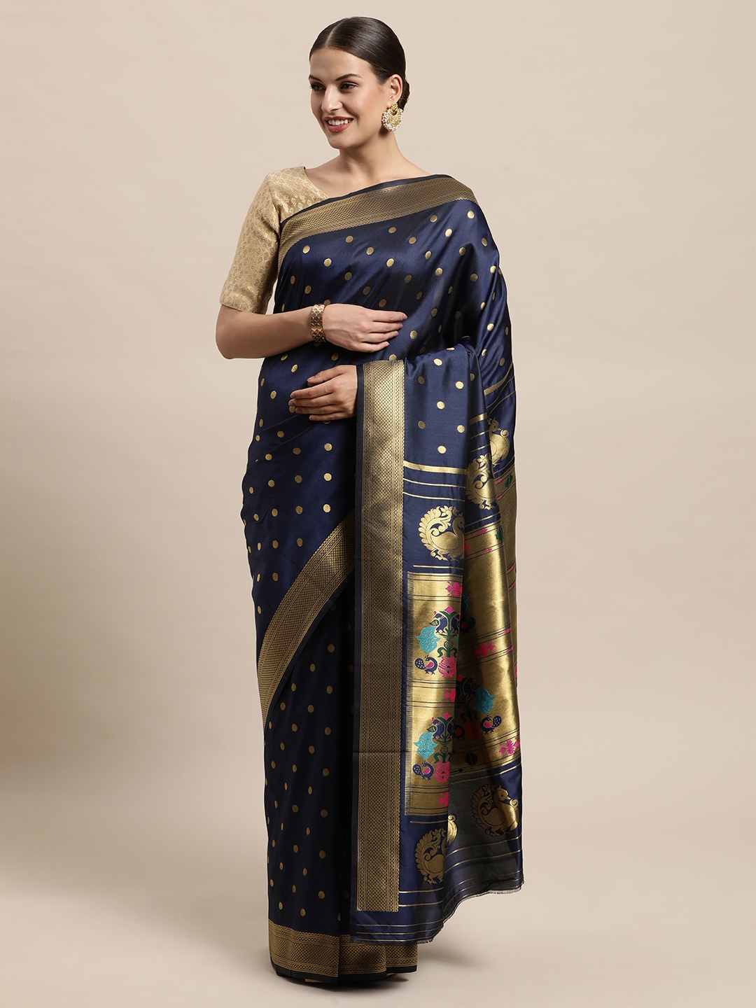 

PERFECTBLUE Navy Blue & Gold-Toned Art Silk Banarasi Saree
