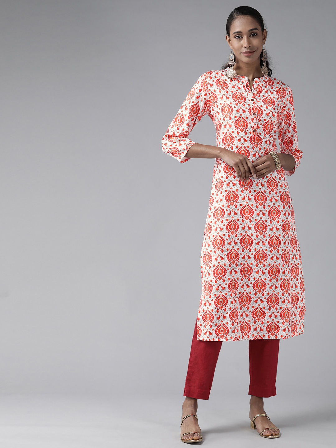 

Yufta Women White & Coral Red Ethnic Motifs Screen Print Straight Kurta