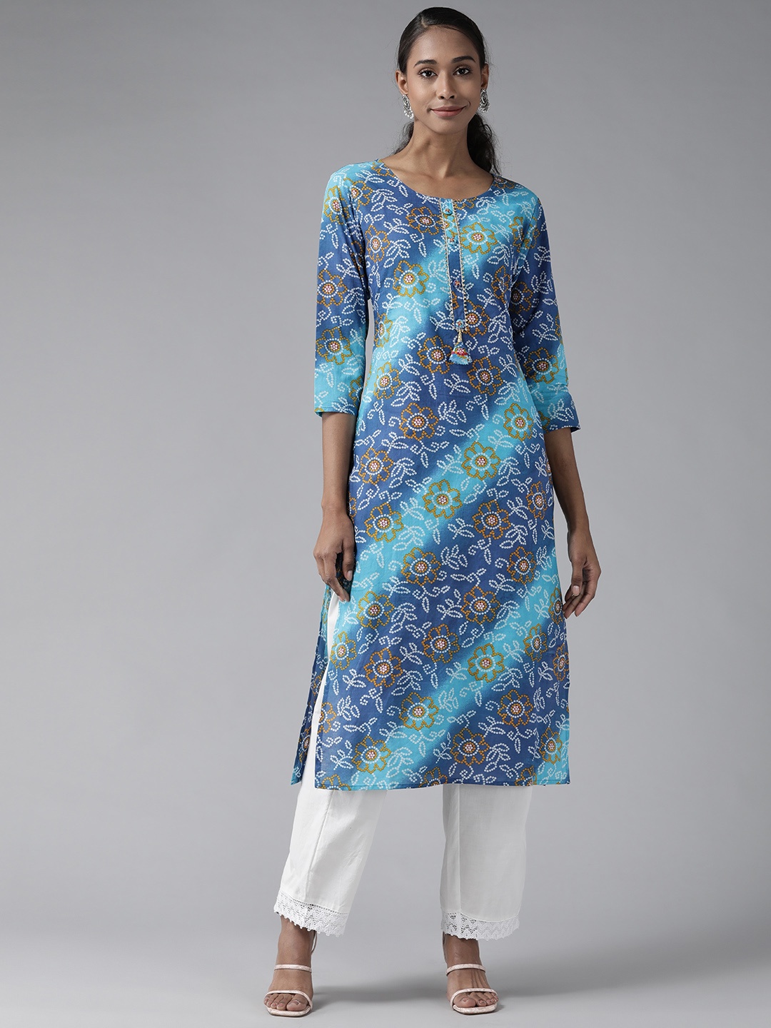 

Yufta Women Blue & White Bandhani Print Gotta Patti Indie Prints Cotton Straight Kurta