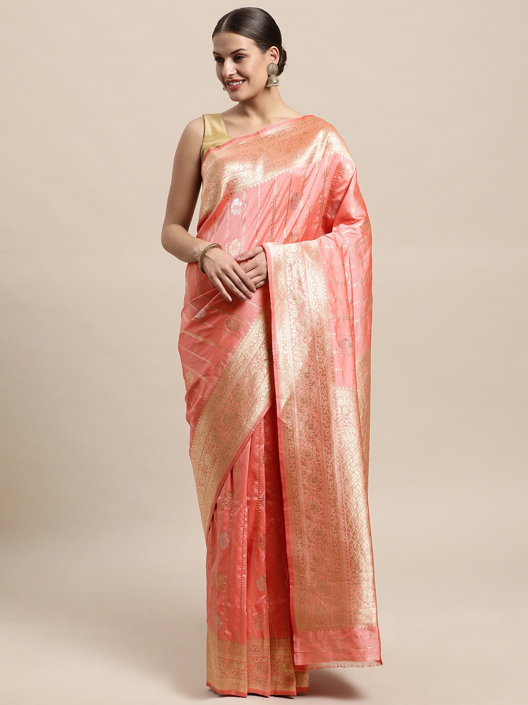 

PERFECTBLUE Peach-Coloured & Gold-Toned Ethnic Motifs Woven Art Silk Kanjeevaram Saree