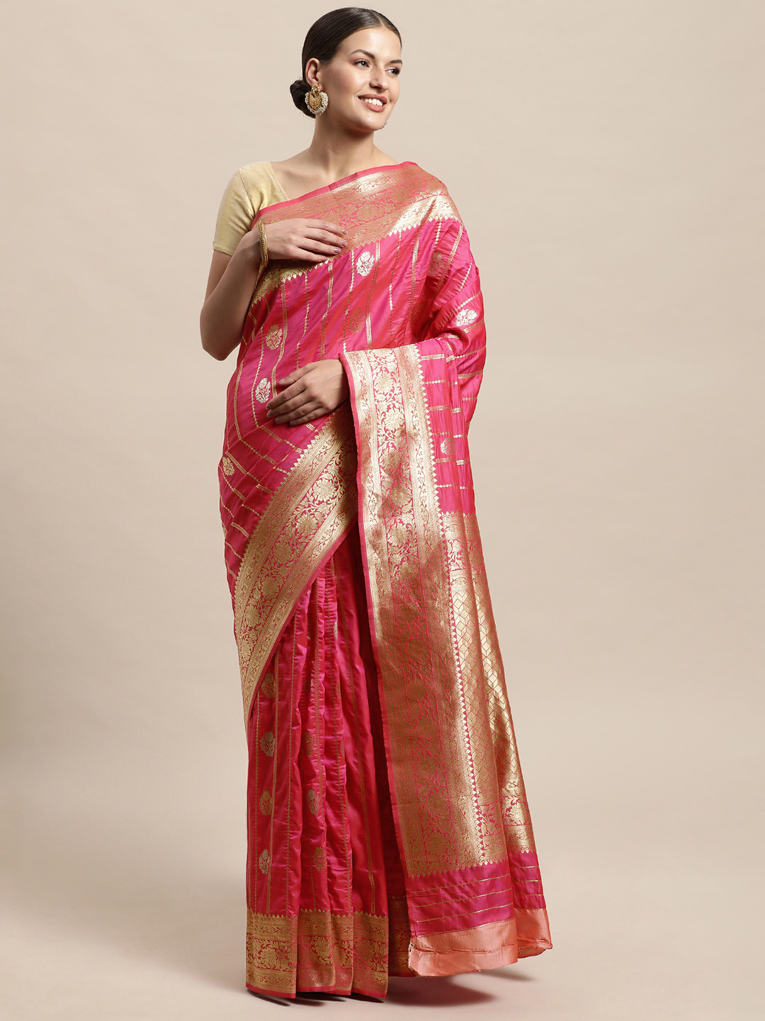 

PERFECTBLUE Pink & Gold-Toned Ethnic Motifs Woven Design Art Silk Kanjeevaram Saree