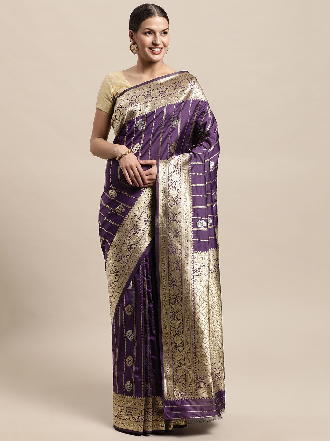 

PERFECTBLUE Purple & Gold-Toned Floral Woven Design Art Silk Kanjeevaram Saree