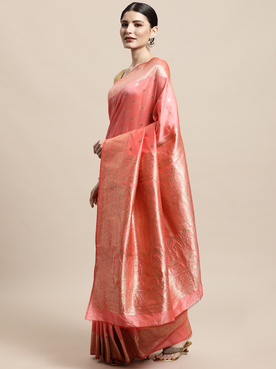 

PERFECTBLUE Peach-Coloured & Gold-Toned Ethnic Motifs Art Silk Mysore Silk Saree