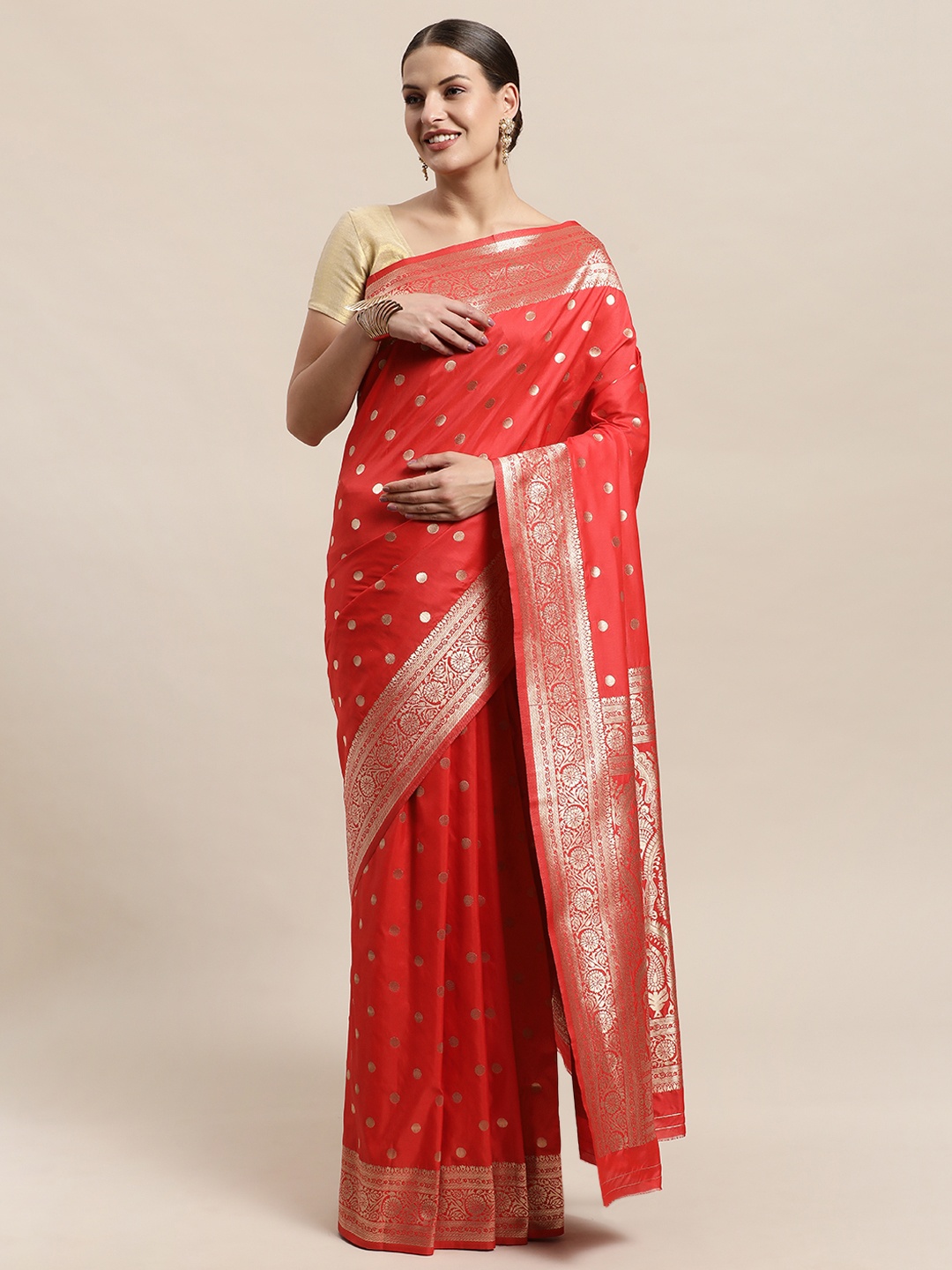 

PERFECTBLUE Red & Gold-Toned Ethnic Motifs Woven Design Art Silk Mysore Silk Saree