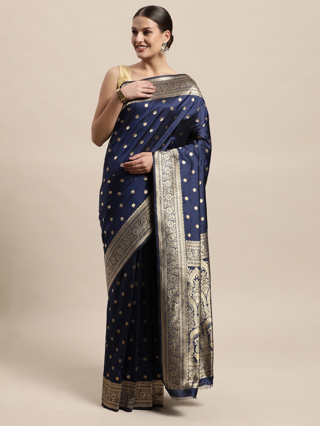 

PERFECTBLUE Navy Blue & Golden Art Silk Mysore Silk Saree