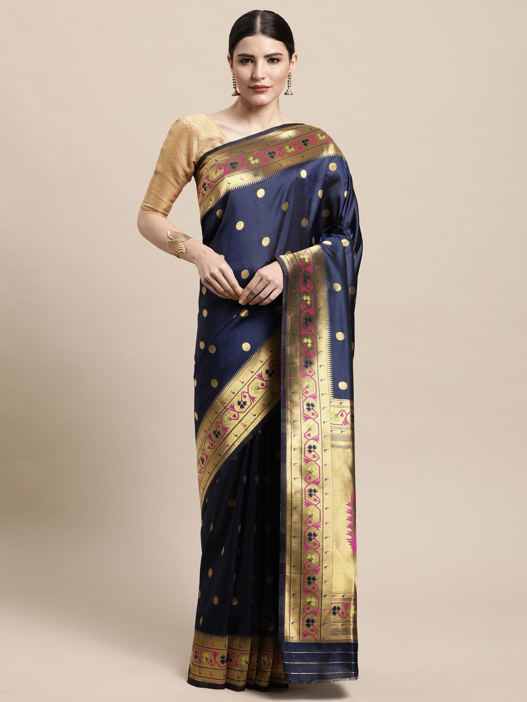 

PERFECTBLUE Navy Blue & Gold-Toned Geometric Woven Design Art Silk Mysore Silk Saree