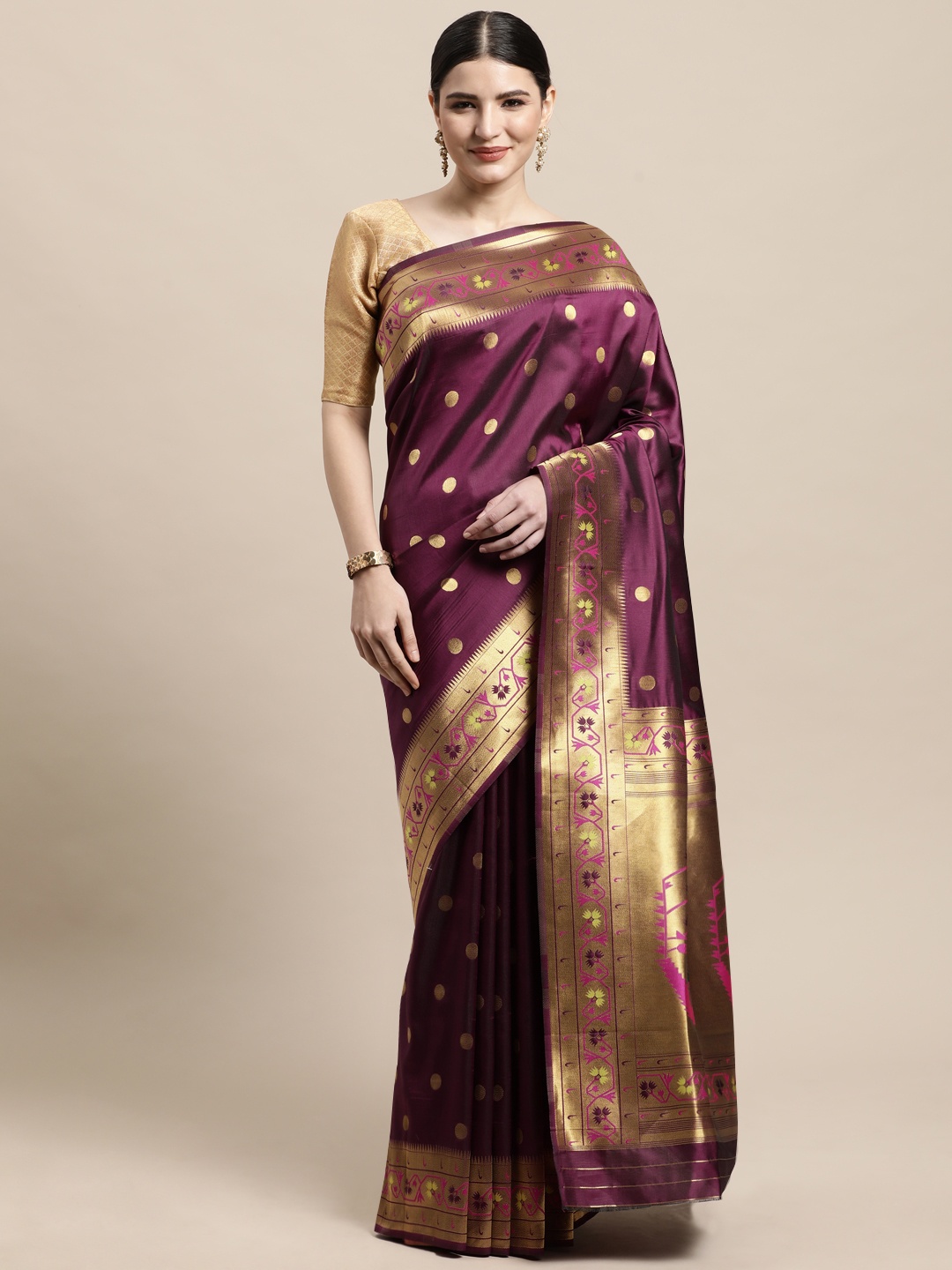 

PERFECTBLUE Burgundy & Gold-Toned Geometric Woven Design Art Silk Mysore Silk Saree
