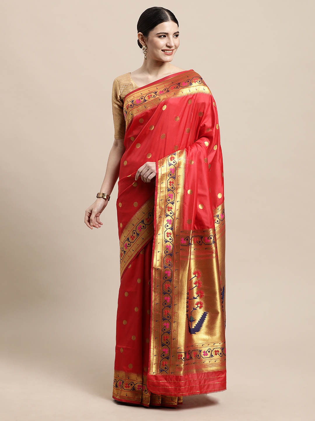 

PERFECTBLUE Red & Gold-Toned Geometric Woven Design Art Silk Mysore Silk Saree