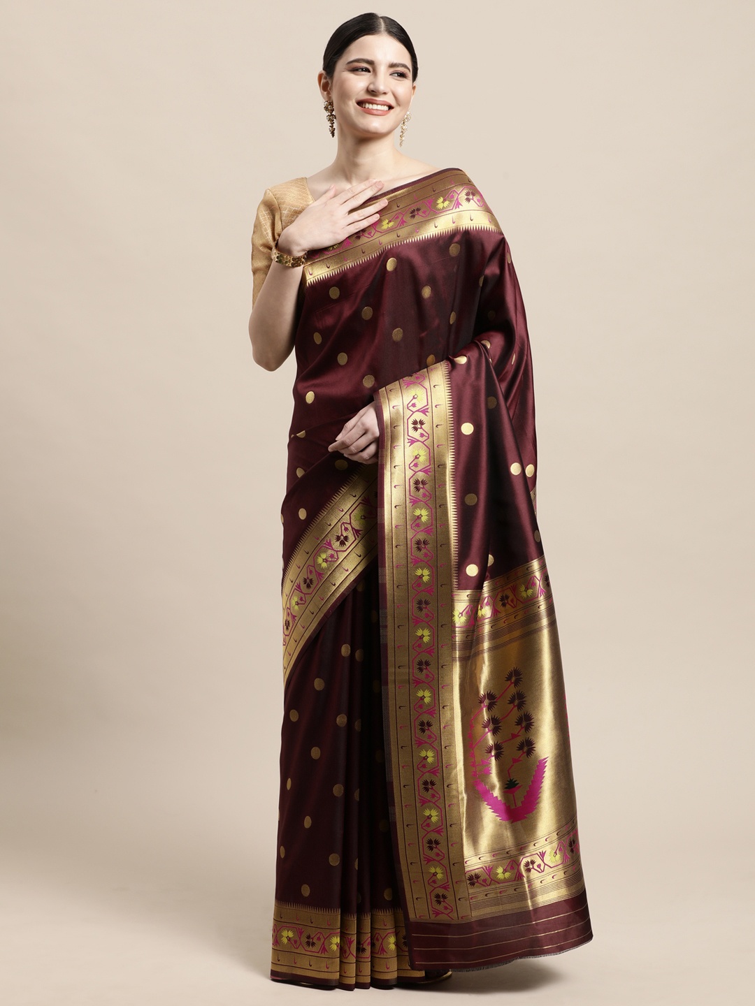

PERFECTBLUE Coffee Brown & Gold-Toned Geometric Woven Design Art Silk Mysore Silk Saree
