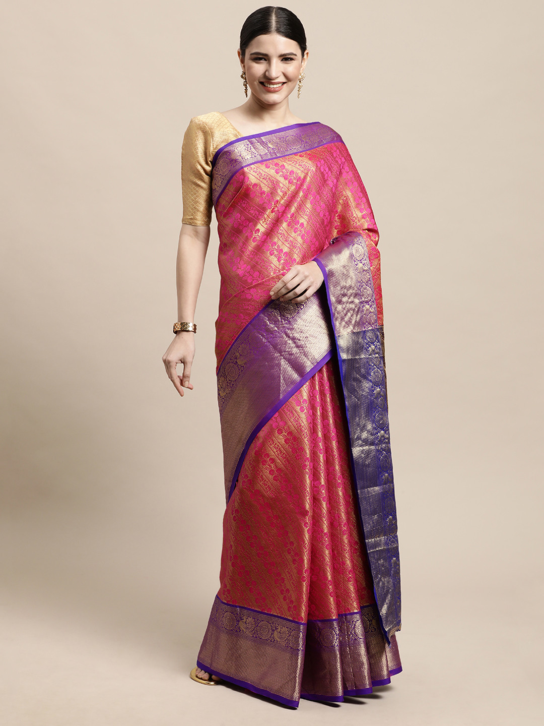 

PERFECTBLUE Pink & Purple Floral Woven Design Pure Silk Banarasi Saree