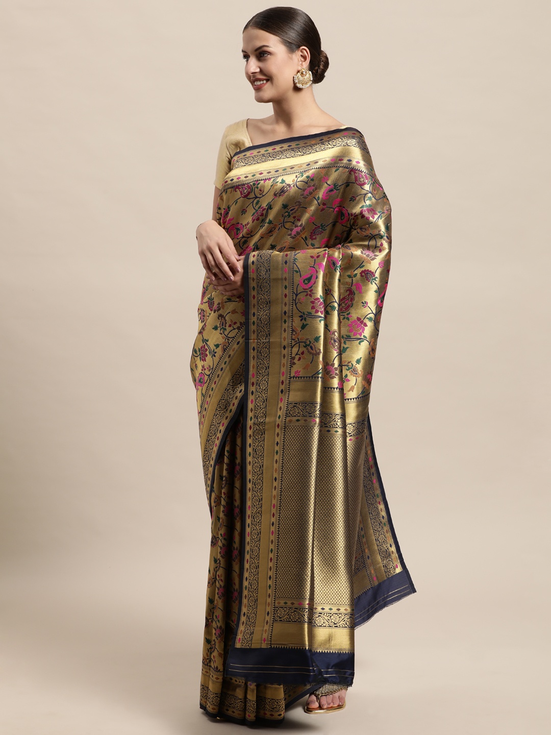 

PERFECTBLUE Navy Blue & Khaki Floral Woven Design Silk Cotton Paithani Saree