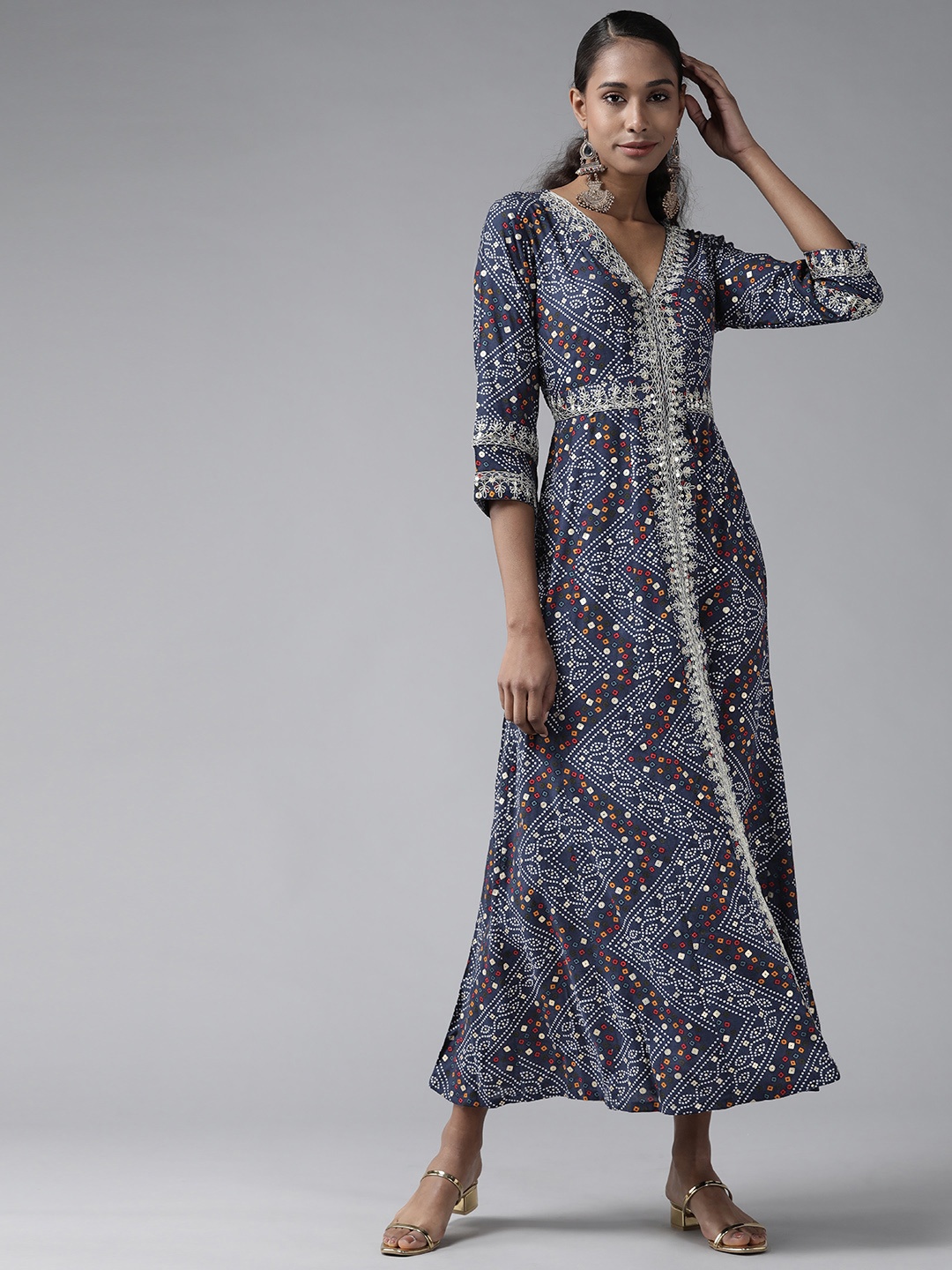 

Yufta Women Navy Blue & Off-White Bandhani Print Maxi Dress