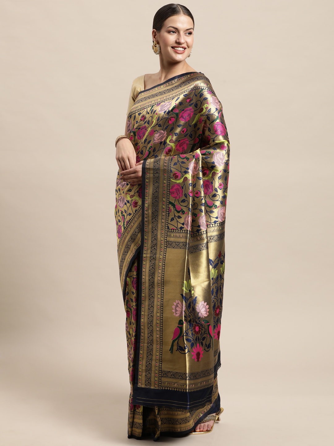 

PERFECTBLUE Navy Blue & Pink Floral Woven Design Pure Silk Banarasi Saree