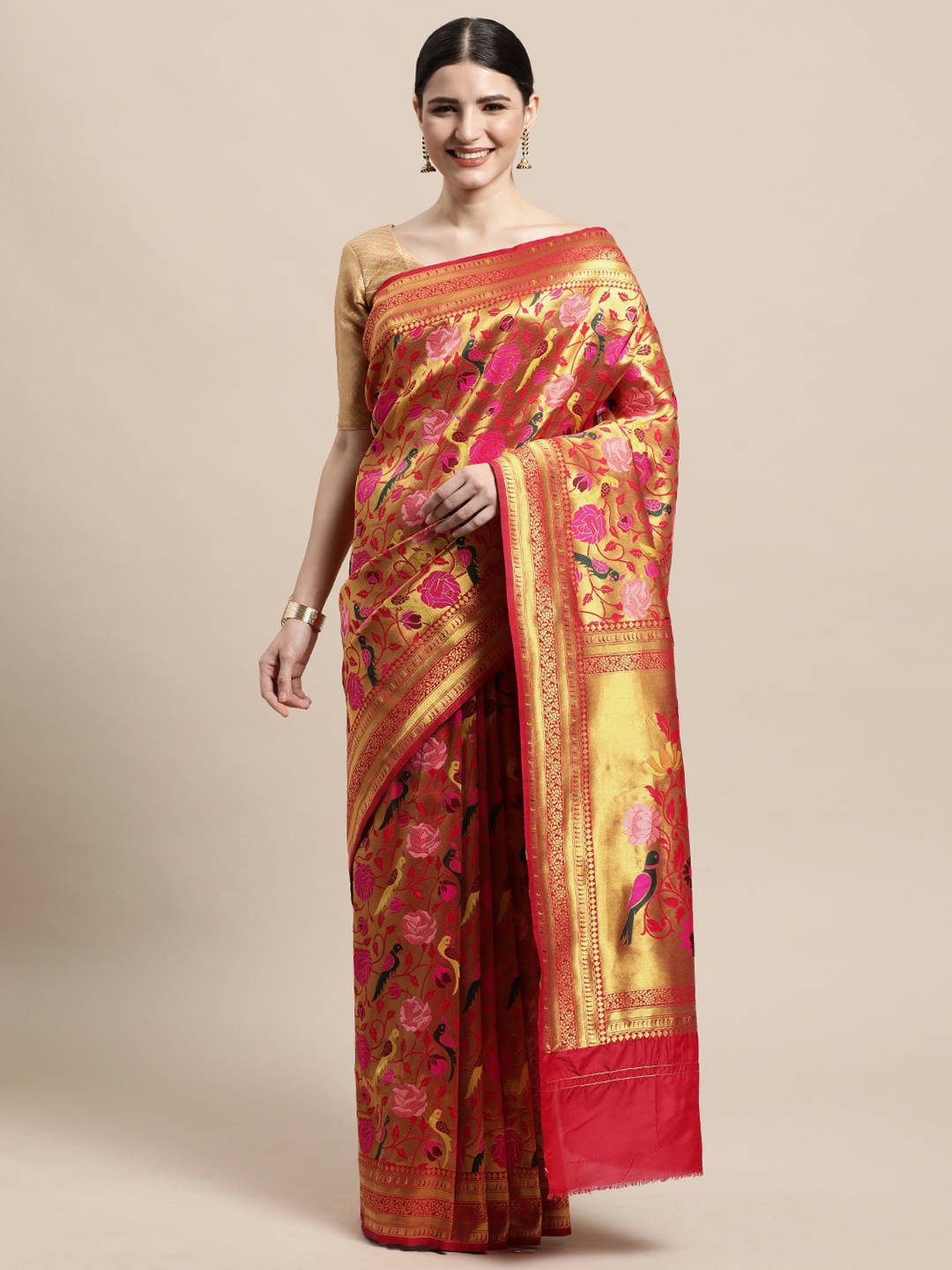 

PERFECTBLUE Red & Pink Floral Woven Design Pure Silk Banarasi Saree