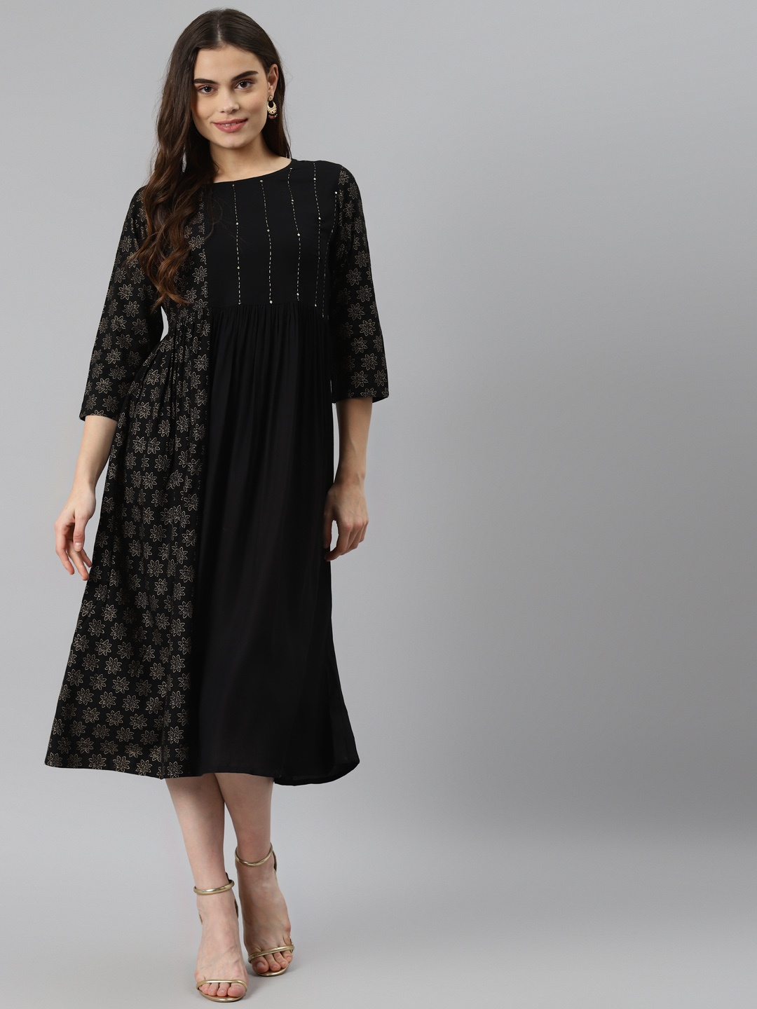 

DESI BEATS Women Black & Beige Ethnic Motifs A-Line Dress