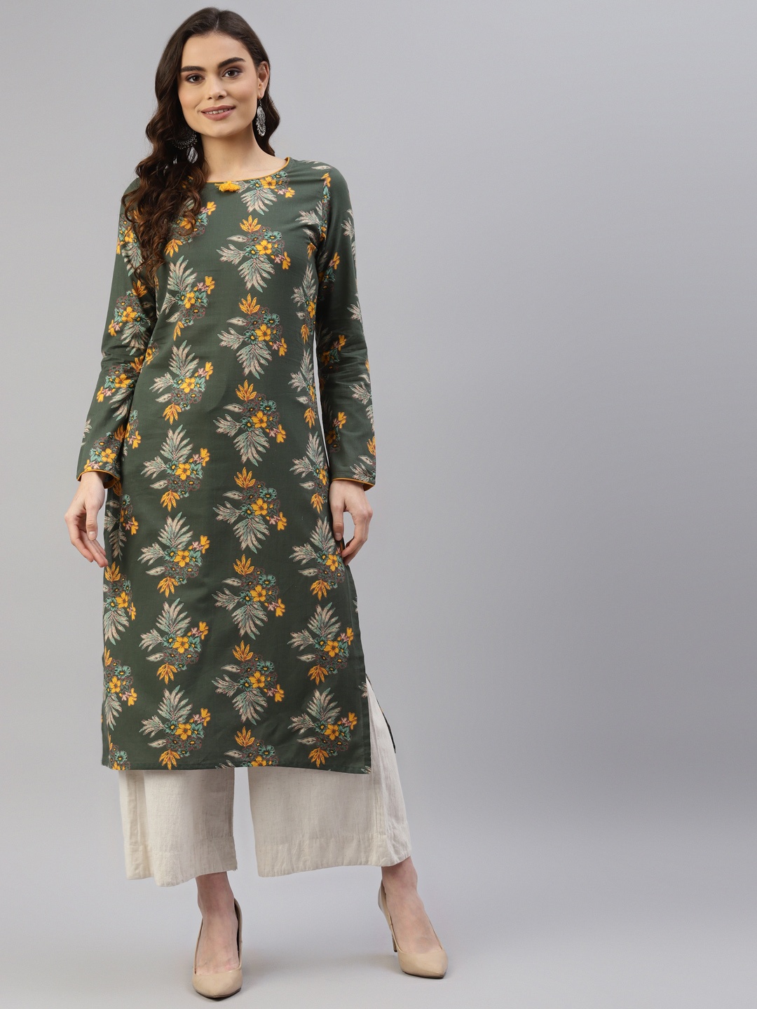 

DESI BEATS Women Olive Green & Yellow Floral Printed Pure Cotton Kurta